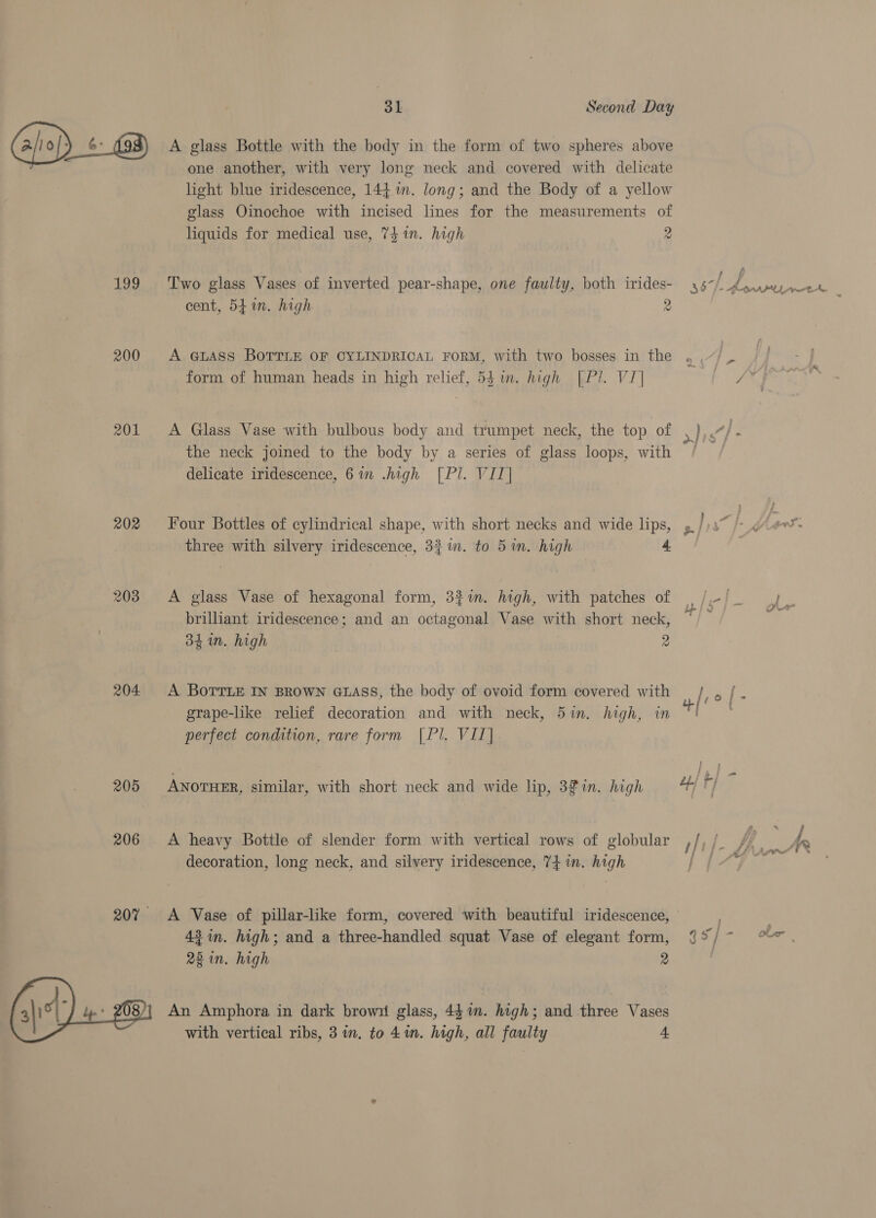 A glass Bottle with the body in the form of two spheres above one another, with very long neck and covered with delicate light blue iridescence, 144m. long; and the Body of a yellow glass Oinochoe with incised lines for the measurements of liquids for medical use, 74 in. high 2 199 ‘Two glass Vases of inverted pear-shape, one faulty, both irides- cent, 54 in. high. 2 200 A GLASS BOTTLE OF CYLINDRICAL FORM, with two bosses in the form of human heads in high relief, 53m. high [PIl. VI] 201 &lt;A Glass Vase with bulbous body and trumpet neck, the top of the neck joined to the body by a series of glass loops, with delicate iridescence, 6in .high [PI. VIT] 202 Four Bottles of cylindrical shape, with short necks and wide lips, three with silvery iridescence, 3 in. to 51m. high 4. 203 &lt;A glass Vase of hexagonal form, 33%. high, with patches of brilhant iridescence; and an octagonal Vase with short neck, 34m. high 2 204 A BOTTLE IN BROWN GLASS, the body of ovoid form covered with grape-like relief decoration and with neck, 5in. high, in perfect condition, rare form [Pl. VII] 205 Awnoruer, similar, with short neck and wide lip, 32in. high 206 A heavy Bottle of slender form with vertical rows of globular decoration, long neck, and silvery iridescence, 74 in. high 207 A Vase of pillar-like form, covered with beautiful iridescence, 43 in. high; and a three-handled squat Vase of elegant form, 281n. high 2 An Amphora in dark brown glass, 44m. high; and three Vases with vertical ribs, 3m. to 4m. high, all faulty 4  3b) ean’ ht |- Grow ep) Ole