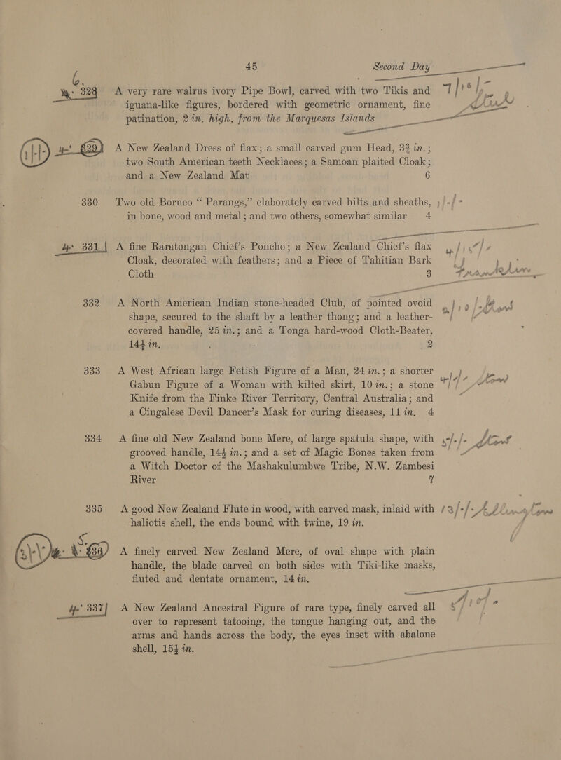NR: 324 A very rare walrus ivory Pipe Bowl, carved with two Tikis and “7 bal A F jor iguana-like figures, bordered with geometric ornament, fine AME patination, 2 in. high, from the Marquesas Islands 1 beeen ea ee a 4 63) A New Zealand Dress of flax; a small carved gum Head, 3? 1in.; two South American teeth Necklaces; a Samoan plaited Cloak ; and a New Zealand Mat | 6 330 ‘Two old Borneo “ Parangs,” elaborately carved hilts and sheaths, in bone, wood and metal; and two others, somewhat similar 4 et — Tt i coe 7 — 4: 331 | A fine Raratongan Chief’s Poncho; a New Zealand Chief’s flax. /).“/ 4 Cloak, decorated with feathers; and a Piece of Tahitian Bark | bee Cloth 8 Fret 332 A North American Indian stone-headed Club, of pointed ovoid | |. y e j4 S$ shape, secured to the shaft by a leather thong; and a leather- covered handle, 25 in.; and a Tonga hard-wood Cloth-Beater, 144 in, é' ; 2 333 &lt;A West African large Fetish Figure of a Man, 24%in.; a shorter Gabun Figure of a Woman with kilted skirt, 10 in.; a stone 7/7 ~ “°°” Knife from the Finke River Territory, Central Australia; and ; a Cingalese Devil Dancer’s Mask for curing diseases, ll in. 4 334 A fine old New Zealand bone Mere, of large spatula shape, with grooved handle, 144 i.; and a set of Magic Bones taken from ; a Witch Doctor of the Mashakulumbwe Tribe, N.W. Zambesi River H _haliotis shell, the ends bound with twine, 19 in. / be ® A finely carved New Zealand Mere, of oval shape with plain handle, the blade carved on both sides with Tiki-like masks, fluted and dentate ornament, 14 i. 4. 337, A New Zealand Ancestral Figure of rare type, finely carved all ¥/'°/ * ai aNd over to represent tatooing, the tongue hanging out, and the arms and hands across the body, the eyes inset with abalone shell, 154 in.
