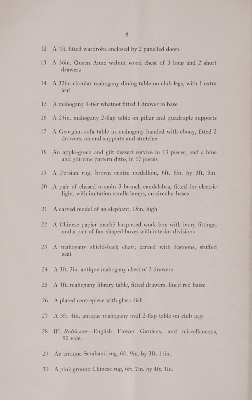 13 a ce 23 30 4 A 36in. Queen Anne walnut wood chest of 3 long and 2 short drawers A 32in. circular mahogany dining table on club legs, with 1 extra leaf A mahogany 4-tier whatnot fitted 1 drawer in base A 24in. mahogany 2-flap table on pillar and quadruple supports A Georgian sofa table in mahogany banded with ebony, fitted 2 drawers, on end supports and stretcher An apple-green and gilt dessert service in 13 pieces, and a blue and gilt vine pattern ditto, in 17 pieces A Persian rug, brown centre medallion, 6ft. 6in. by 3ft. 3in. A pair of chased ormolu 3-branch candelabra, fitted for electric light, with imitation candle lamps, on circular bases A carved model of an elephant, 15in. high A Chinese papier maché lacquered work-box with ivory fittings, and a pair of fan-shaped boxes with interior divisions A mahogany shield-back chair, carved with festoons, stuffed seat A 3ft. 3in. antique mahogany chest of 5 drawers A 4ft. mahogany library table, fitted drawers, lined red baize A plated centrepiece with glass dish A 3ft. 4in. antique mahogany oval 2-flap table on club legs WW. Robinson—English Flower Gardens, and miscellaneous, 50 vols. An antique Seraband rug, 6ft. 9in. by 3ft. Llin. A pink ground Chinese rug, 6ft. 7in. by 4ft. lin.