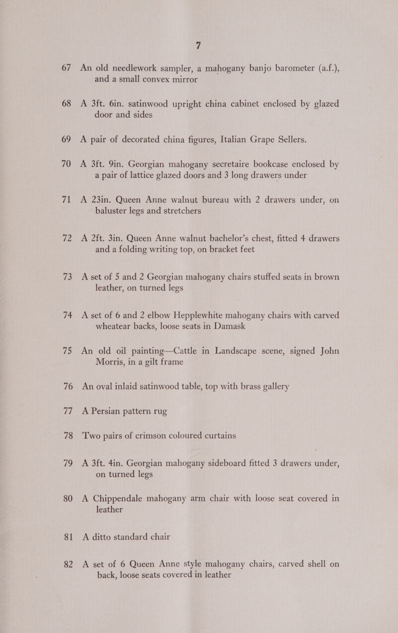 67 68 69 70 71 72 a3 T4 72 76 77 78 79 80 81 82 7 An old needlework sampler, a mahogany banjo barometer (a.f.), and a small convex mirror A 3ft. 6in. satinwood upright china cabinet enclosed by glazed door and sides A pair of decorated china figures, Italian Grape Sellers. A 3ft. 9in. Georgian mahogany secretaire bookcase enclosed by a pair of lattice glazed doors and 3 long drawers under A 23in. Queen Anne walnut bureau with 2 drawers under, on baluster legs and stretchers A 2ft. 3in. Queen Anne walnut bachelor’s chest, fitted 4 drawers and a folding writing top, on bracket feet A set of 5 and 2 Georgian mahogany chairs stuffed seats in brown leather, on turned legs A set of 6 and 2 elbow Hepplewhite mahogany chairs with carved wheatear backs, loose seats in Damask An old oil painting—Cattle in Landscape scene, signed John Morris, in a gilt frame An oval inlaid satinwood table, top with brass gallery A Persian pattern rug Two pairs of crimson coloured curtains A 3ft. 4in. Georgian mahogany sideboard fitted 3 drawers under, on turned legs A Chippendale mahogany arm chair with loose seat covered in leather A ditto standard chair A set of 6 Queen Anne style mahogany chairs, carved shell on back, loose seats covered in leather