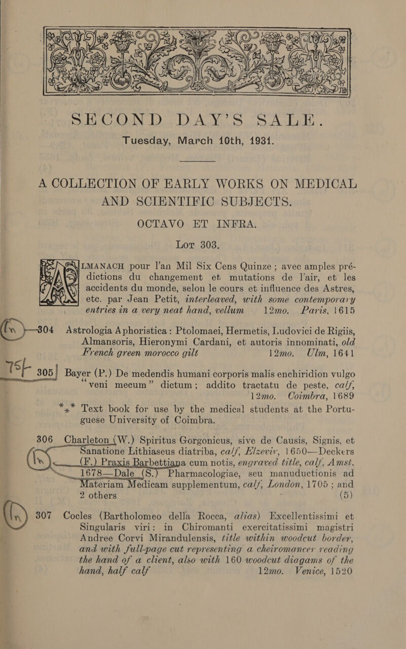  1338  A COLLECTION OF EARLY WORKS ON MEDICAL AND SCIENTIFIC SUBJECTS. OCTAVO ET INFRA. Lor 308.   \{LMANACH pour l’an Mil Six Cens Quinze ; avec amples pré- <) dictions du changement et mutations de lair, et les y accidents du monde, selon le cours et influence des Astres, etc. par Jean Petit, interleaved, with some contemporary entries in a very neat hand, vellum 12mo,. Paris, 1615 (n }-804 Astrologia A phoristica: Ptolomaei, Hermetis, Ludovici de Rigiis, Almansoris, Hieronymi Cardani, et autoris innominati, old French green morocco gilt 12mo. Ulm, 1641 ¢t T 305) Bayer (P.) De medendis humani corporis malis enchiridion vulgo Ty venl mecum” dictum; addito tractatu de peste, ca//, 12mo. Coimbra, 1689 *,* Text book for use by the medical students at the Portu- guese University of Coimbra. 306 Charleton (W.) Spiritus Gorgonicus, sive de Causis, Signis, et Sanatione Lithiaseus diatriba, ca//, H/zeviv, 1650—Deckers In iy lana cum notis, engraved title, calf, Amst. ‘“— 1678—Dale (S.) Pharmacologiae, seu manuductionis ad Materiam Medicam supplementum, ca//, London, 1705 ; and 2 others | ’ (5) (I) 307 Cocles (Bartholomeo della Rocca, alias) Excellentissimi et Singularis viri: in Chiromanti exercitatissimi magistri Andree Corvi Mirandulensis, ¢7tle within woodcut border, and with full-page cut representing a cheiromancer reading the hand of a client, also with 160 woodcut diagams of the hand, half calf 12mo. Venice, 1520   