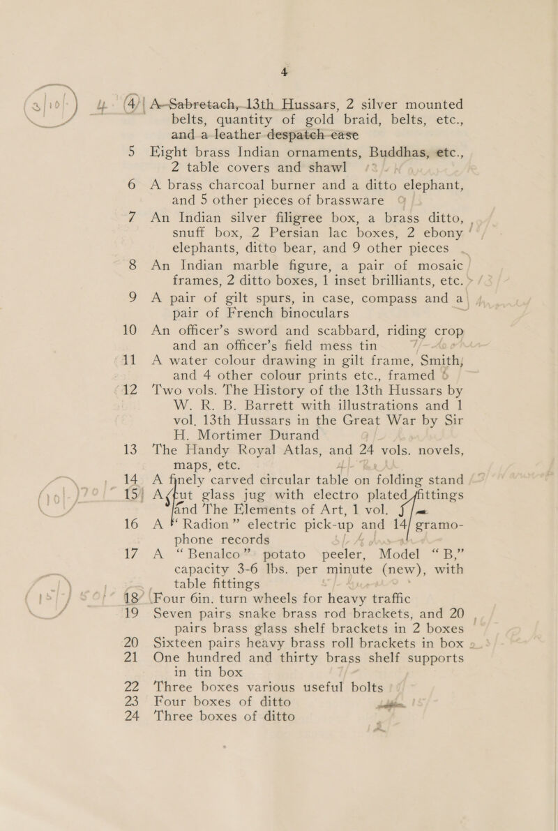 Sal ‘| A-Sabretach,.13th Hussars, 2 silver mounted belts, quantity of gold braid, belts, etc., and a leather despatch-ease Eight brass Indian ornaments, Buddhas, etc., 2 table covers and*shawl /2/1W 4 A brass charcoal burner and a ditto elephant, and 5 other pieces of brassware © An Indian silver filigree box, a brass ditto, , snuff box, 2 Persian lac boxes, 2 ebony ' elephants, ditto bear, and 9 other pieces An Indian marble figure, a pair of mosaic frames, 2 ditto boxes, 1 inset brilliants, etc. &gt; pair of French binoculars An officer's sword and scabbard, riding a and an officer’s field mess tin / A water colour drawing in gilt frame, Smith; and 4 other colour prints etc., framed &amp; Two vols. The History of the 13th Hussars be: W. R. B. Barrett with illustrations and 1 vol. 13th Hussars in the Great War by Sir H. Mortimer Durand The Handy Royal Atlas, and = vols. novels, maps, Gte. A finely carved circular fle on n fone stand 4nd The Elements of Art, i vol! 3 je A * Radion” electric pick- up and 14/ gramo- phone records A “Benaleo*&gt; ffotato peeler, Wodel ae 5 ig capacity 3-6 lbs. per minute (new), with table fittings Seven pairs snake brass rod brackets, and 20 , pairs brass glass shelf brackets in 2 boxes Sixteen pairs heavy brass roll brackets in box One hundred and thirty brass shelf supports in tin box Three boxes various useful bolts Four boxes of ditto iin. Three boxes of ditto se,