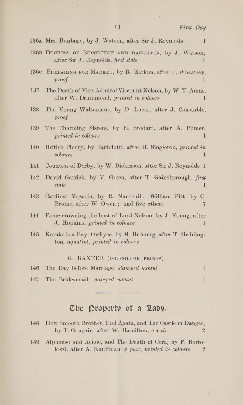 1364 Mrs. Bunbury, by J. Watson, after Sir J. Reynolds 1 1368 DucHEss oF BUCCLEUCH AND DAUGHTER, by J. Watson, after Sir J. Reynolds, first state | 1 136c PREPARING FOR MARKET, by R. Earlom, after F. Wheatley, proof 1 137 The Death of Vice-Admiral Viscount Nelson, by W. T. Annis, after W. Drummond, printed in colours 1 138 The Young Waltonians, by D. Lucas, after J. Constable, proof 139 The Charming Sisters, by E. Stodart, after A. Plimer, printed in colours | 1 140 British Plenty, by Bartolotti, after H. Singleton, printed in colours 1 141 Countess of Derby, by W. Dickinson, after Sir J. Reynolds 1 142 David Garrick, by V. Green, after T. Gainsborough, first state } 143 Cardinal Mazarin, by R. Nanteuil; William Pitt, by C. Brome, after W. Owen; and five others fi 144 Fame crowning the bust of Lord Nelson, by J. Young, after J. Hopkins, printed in colours I 145 Karakakoa Bay, Owhyee, by M. Bubourg, after T. Hedding- ton, aquatint, printed in colours G. BAXTER (oIL-cOLOUR PRINTS). 146 The Day before Marriage, stamped mount 1 147 The Bridesmaid, stamped mount 1 Che Property of a Daody. 148 How Smooth Brother, Feel Again, and The Castle in Danger, by T. Gaugain, after W. Hamilton, a pair 2 149 Alphonso and Aciloe, and The Death of Cora, by F. Barto- lozzi, after A. Kauffman, a pair, printed in colours 2