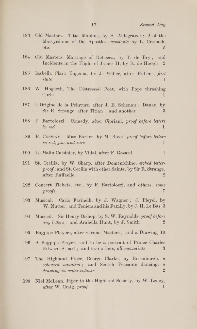 183 192 193 194 195 196 197 198 17 Second Day Old Masters. Titus Manlius, by H. Aldegraver; 2 of the Martyrdoms of the Apostles, woodcuts by L. Cranach, etc. 5 Old Masters. Marriage of Rebecca, by T. de Bry; and Incidents in the Flight of James II, by R. de Hoogh 2 Isabella Clara Eugenia, by J. Muller, after Rubens, first state 1 W. Hogarth, The Distressed Poet, with Pope thrashing Curle ] L’Origine de la Peinture, after J. E. Schenau ; Danae, by Sir R. Strange, after Titian ; and another 3 KF. Bartolozzi. Comedy, after Cipriani, proof before letters un red 1 R. Cosway. Miss Barker, by M. Bova, proof before letters un red, fine and rare ff Le Malin Cuisinier, by Vidal, after F. Gazard 1 St. Cecilia, by W. Sharp, after Domenichino, etched letter- proof ; and St. Cecilia with other Saints, by Sir R. Strange, after Raffaelle 2 proofs es Musical. Carlo Farinelli, by J. Wagner; J. Pleyel, by W. Nutter ; and Teniers and his Family, by J. H. Le Bas 3 Musical. Sir Henry Bishop, by S. W. Reynolds, proof before any letters; and Arabella Hunt, by J. Smith 2 Bagpipe Players, after various Masters ; and a Drawing 10 Edward Stuart ; and two others, all mezzotints o The Highland Piper, George Clarke, by Rosenburgh, a coloured aquatint; and Scotch Peasants dancing, a drawing in water-colours 2 Niel McLean, Piper to the Highland Society, by W. Leney, after W. Craig, proof 1