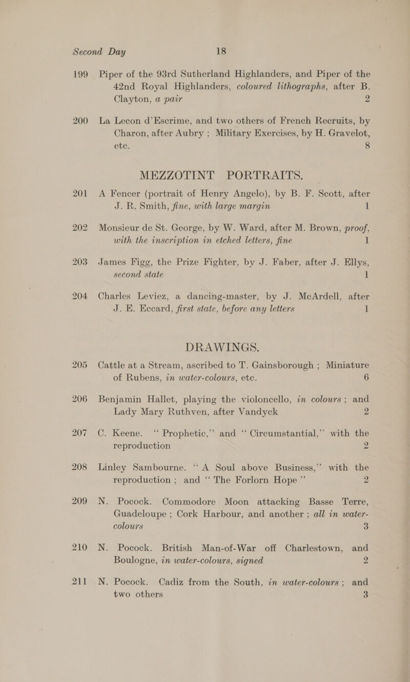 199 200 201 205 208 209 Piper of the 93rd Sutherland Highlanders, and Piper of the 42nd Royal Highlanders, coloured lithographs, after B. Clayton, a pair 2 La Lecon d’Escrime, and two others of French Recruits, by Charon, after Aubry ; Military Exercises, by H. Gravelot, etc. 8 MEZZOTINT PORTRAITS. A Fencer (portrait of Henry Angelo), by B. F. Scott, after J. R. Smith, fine, with large margin 1 Monsieur de St. George, by W. Ward, after M. Brown, proof, with the inscription in etched letters, fine 1 James Figg, the Prize Fighter, by J. Faber, after J. Ellys, second state 1 Charles Leviez, a dancing-master, by J. McArdell, after J. E. Eccard, first state, before any letters 1 DRAWINGS. Cattle at a Stream, ascribed to T. Gainsborough ; Miniature of Rubens, in water-colours, etc. 6 Benjamin Hallet, playing the violoncello, 1n colours ; and Lady Mary Ruthven, after Vandyck 2 C. Keene. “ Prophetic,’ and “ Circumstantial,’ with the reproduction 2 Linley Sambourne. “‘A Soul above Business,’ with the reproduction ; and “‘ The Forlorn Hope ” 2 N. Pocock. Commodore Moon attacking Basse Terre, Guadeloupe ; Cork Harbour, and another ; all in water- colours 3 N. Pocock. British Man-of-War off Charlestown, and Boulogne, in water-colours, signed 2 N. Pocock. Cadiz from the South, in water-colours; and