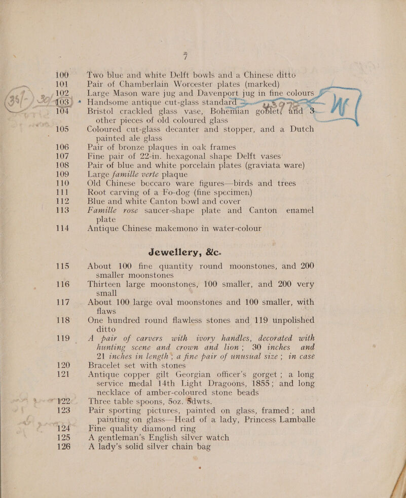 101 / 102; 104 ~ 105 106 107 108 109 110 Phi 112 113 114 115 116 117 118 120 121 ry22 123 125 126 &amp; I 7 Two blue and white Delft bowls and a Chinese ditto Pair of Chamberlain Worcester plates (marked) i ae ee Large Mason ware jug and Davenport jug in fine colours Handsome antique cut-glass standard hen) Sy — We     Bristol crackled glass vase, Bontntan aed 1 isa i. other pieces of old. coloured glass ne aalil Coloured cut-glass decanter and stopper, and a Dutch painted ale glass Pair of bronze plaques in oak frames Fine pair of 22-in. hexagonal shape Delft vases Pair of blue and white porcelain plates (graviata ware) Large famille verte plaque Old Chinese beccaro ware figures—birds and trees Root carving of a Fo-dog (fine specimen) Blue and white Canton bowl and cover Famille rose saucer-shape plate and Canton enamel plate Antique Chinese makemono in water-colour Jewellery, &amp;c. About 100 fine quantity round moonstones, and 200 smaller moonstones Thirteen large moonstones, 100 smaller, and 200 very small About 100 large oval moonstones and 100 smaller, with flaws One hundred round flawless stones and 119 unpolished ditto A pair of carvers with ivory handles, decorated with hunting scene and crown and lion; 30 inches and 21 inches in length ; a fine pair of unusual size; in case Bracelet set with stones Antique copper gilt Georgian officer’s gorget; a long service medal 14th Light Dragoons, 1855; and long necklace of amber-coloured stone beads Three table spoons, 50z. 5dwts. Pair sporting pictures, painted on glass, framed; and painting on glass—Head of a lady, Princess Lamballe Fine quality diamond ring A gentleman’s English silver watch A lady’s solid silver chain bag