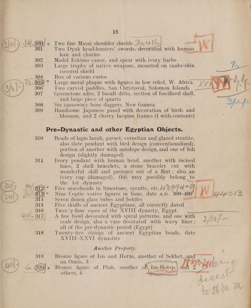  — aang &gt;) ) 30. 300) « Two fine Masai shoulder shields , 3 t Ht ae i nl | Ny &amp; i, 301 Two Dyak head-hunters’ swords; decorated with human, ye { hair and charms eee 302 Model Eskimo canoe, and spear with ivory barbs 303 Large trophy of native weapons, mounted on snake-skin covered shield | “ee es ek 304 Box of various curios “pasa » 4.805) * Large metal plaque with figures in low relief, W. Ate Si°) 306 Two carved paddles, San Christoval, Solomon Islands”. fl 307 Greenstone adze, 2 basalt ditto, section of fossilized shell, 3 and large piece of quartz wr 308, Six cassowary bone daggers, New Guinea 309 Handsome Japanese panel with decoration of birds and blossom, and 2 cherry lacquer frames (1 with contents) Pre-Dynastic and other Egyptian Objects. 310 Beads of lapis lazuli, garnet, cornelian and glazed steatite, also slate pendant with bird design (conventionalized), portion of another with antelope design, and one of fish design (slightly damaged) 314 Ivory pendant with human head, another with incised lines, 2 shell: brdcelets, a stone: bracelet. cut. with wonderful skill and patience out of a flint; also an ivory cup (damaged), this may possibly pte: to ore y 43 the Ist dynasty y ¢ ERE s Five maceheads in hmestone, syenite, etc. Ld APF if i Nine Coptic votive figures in bone, date A. D. 300- ho) yy Ik feats Seven dozen glass tubes and bottles coca Five skulls of ancient Egyptians, all correctly dated Twenty-four vases of the XVIII dynasty, Fgypt.. A fine bowl decorated with spiral patterns, and one with « scale design, also a vase decorated with wavy lines; “7 all of the es dynastic period (Egypt) = 3 Twenty-five strings of ancient Egyptian beads, date KVIIEX XE dynasties Another Property. (ie eel an Osiris, 3 Wf pine | Bronze figure of Ptah, another of\ Tm- ep) others, 4 En el nt?