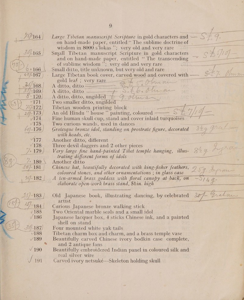 i! 73 OD SS ~ /-183 |  = / ~&gt; fa | ay | ie LL 2, fy f on hand-made paper, entitled “The sublime doctrine of . wisdom in 8000 s’lokas ”’ small Tibetan manuscript Scripture in gold characters and on hand-made paper, entitled ‘‘ The transcending of sublime wisdom Small ditto, title unknown, but very old and rare gold leat ; ver Fare oh et Ata. A ditto, ditto= SE 7 A ditto, CUE Od asters frat ime ‘ad C+ A Cat . A ditto, ditto, ungilded -S-O9 pt ie a. Two smaller ditto, unguided 0k tuaopee Tptp Tibetan wooden printing block ; 7 An old Hindu “ house” painting, coloured sma S Ziie//4 FY Fine human skull cup, stand and cover inlaid turquoises 7 / he, Grotesque bronze idol, standing on prostrate figure, decorated 324 with heads, etc. win ern, Another ditto; different Three devil daggers and 2 other pieces - Very large fine hand-painted Tibet temple hanging, tlus- - Another ditto artist a Curious Japanese bronze walking stick Two Oriental marble seals and a small idol Japanese lacquer box, 4 sticks Chinese ink, and a painted shell on stand Four mounted white yak tails Tibetan charm box and charm, and a brass temple vase Beautifully carved Chinese ivory bodkin case complete, and 2 antique fans Beautifully embroidered Indian panel in coloured silk and real silver wire Carved ivory netsuké—Skeleton holding skull pea) ae See Chinese hat, beautifully decorated with king fisher feathers, Ps paar a | coloured stones, and other ornamentations ; in glass case. ~~ ff A ten-armead brass goddess with floral canopy at back, on —S7 i, ? elaborate open-work brass stand, Slin. high Mos aoe efi Old Japanese book, illustrating dancing, by egieprcncs 20f-% Dr ahete