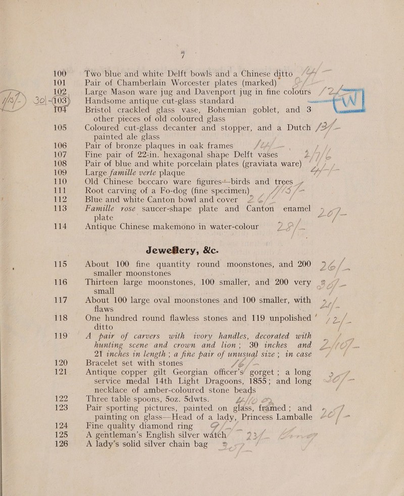“SH 100 Two blue and white Delft bowls and a Chinese ditto 101 Pair of Chamberlain Worcester plates (marked)  &gt; 102 Large Mason ware jug and Davenport jug in fine colours om) 30) ~(103 ) . Handsome antique cut-glass standard ae 4 104 Bristol crackled glass vase, Bohemian goblet, and 3 other pieces of old coloured glass 105 Coloured cut-glass decanter and stopper, and a Dutch /3- “ painted ale glass wW   106 Pair of bronze plaques in oak frames fe 107 Fine pair of 22-in. hexagonal shape Delft vases 108 Pair of blue and white porcelain plates (graviata ware) ©, 109 Large famille verte plaque 7, 110 Old Chinese beccaro ware figures+-birds and page o 111 Root carving of a Fo-dog (fine specimen) __ 5 f= 12 Blue and white Canton bowl and cover . / 113 Famille rose saucer-shape plate and Canton enamel » ,-7 plate hie: 114 Antique Chinese makemono in water-colour Jewellery, &amp;c. 115 About 100 fine quantity round moonstones, and 200 9, gi smaller moonstones é | 116 Thirteen large moonstones, 100 smaller and 200 very 2 small v7 About 100 large oval moonstones and 100 smaller, with + flaws ze 118 One hundred round flawless stones and 119 unpolished yeah ae, e p ditto ue ES A pair of carvers with ivory handles, decorated with hunting scene and crown and lion; 30 inches and 21 inches in length ; a fine parr of unusual size; Mm case 120 Bracelet set with stones 124 Antique copper gilt Georgian paicley eee a long Lae service medal 14th Light Dragoons, 1855; and long o necklace of amber-coloured stone beads | ppl Three table spoons, 50z. 5dwts. Ly s 123 Pair sporting pictures, painted on glass, frgmhed - and. » 7 painting on glass—Head of a afi Princess Lamballe oe [= 124 Fine quality diamond ring 4 125 A gentleman’s English silver watch 126 A lady’s solid silver chain bag ©