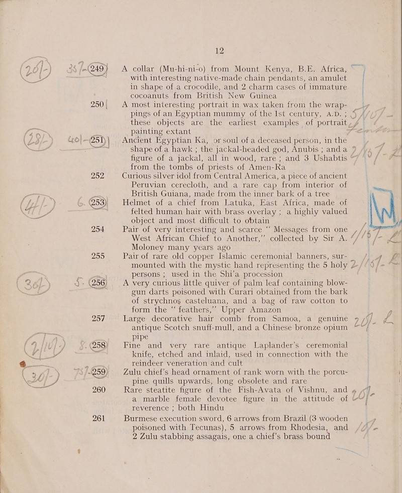 _ 255 257 260 261 12 A collar (Mu-hi-ni-o) from Mount Kenya, B.E. Africa, with interesting native-made chain pendants, an amulet in shape of a crocodile, and 2 charm cases of immature cocoanuts from British New Guinea A most interesting portrait in wax taken from the wrap- pings of an Egyptian mummy of the Ist century, A.D. ; painting extant Ancient Egyptian Ka, or soul of a deceased person, in the ea ea from the tombs of priests of Amen-Ra Curious silver idol from Central America, a piece of ancient Peruvian cerecloth, and a rare cap from interior of British Guiana, made from the inner bark of a tree Helmet of a chief from Latuka,. East Africa, made of felted human hair with brass overlay ; a highly valued object and most difficult to obtain Pair of very interesting and scarce “‘ Messages from one Moloney many years ago Pair of rare old copper Islamic ceremonial banners, sur- persons ; used in the Shi'a procession A very curious little quiver of palm leaf containing blow- gun darts poisoned with Curari obtained from the bark of strychnos casteluana, and a bag of raw cotton to form the “ feathers,’ Upper Amazon Large decorative hair comb from Samoa, a genuine antique Scotch snuff-mull, and a Chinese bronze opium pipe Fine and very rare antique Laplander’s ceremonial knife, etched and inlaid, used in connection with the reindeer veneration and cult Zulu chief’s head ornament of rank worn with the porcu- pine quills upwards, long obsolete and rare a marble female devotee figure in the attitude of reverence ; both Hindu Burmese execution sword, 6 arrows from Brazil (3 wooden poisoned with Tecunas), 5 arrows from Rhodesia, and 2 Zulu stabbing assagais, one a chief’s brass bound ~ ‘ ~3  Rs