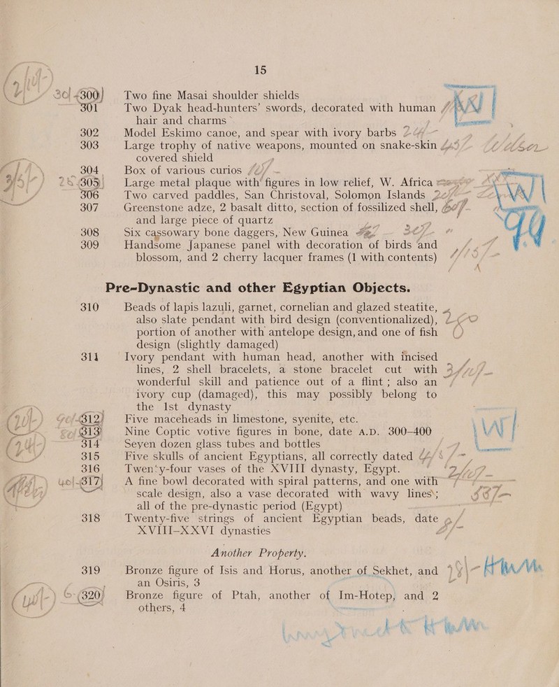 301 302 303 304 | 306 307 308 309 310 31d 15 Two fine Masai shoulder shields hair and charms ~ us Model Eskimo canoe, and spear with ivory barbs ““% Large trophy of native weapons, mounted on snake-skin ¢ covered shield eee Box of various curios /4// Large metal plaque with ‘figures in low relief, W. Africa = Greenstone adze, 2 basalt ditto, section of fossilized shell, , and large piece of quartz oe Six cassowary bone daggers, New Guinea &lt;2. me Handsome Japanese panel with decoration of ae el blossom, and 2 cherry lacquer frames (1 with contents) Beads of lapis lazuh, garnet, cornelian and glazed steatite, also slate pendant with bird design (conventionalized), portion of another with antelope design, and one of fish design (slightly damaged) Ivory pendant with human head, another with incised lines, 2 shell bracelets, a stone bracelet cut with ivory cup (damaged), this may possibly belong to the Ist dynasty Five maceheads in limestone, syenite, etc. Nine Coptic votive figures in bone, date A.D. 300-400 Seyen dozen glass tubes and bottles Twen‘y-four vases of the XVIII dynasty, Egypt. A fine bowl decorated with spiral patterns, and one with scale design, also a vase decorated with wavy lines'; all of the pre-dynastic period (Egypt) “FNAB esd tema liianan ney ie) | e | Sareea RI oe  AEN XVITI-XXVI dynasties Another Property. an Osiris, 3 Bronze figure of Ptah, Sher of Im- n-Hotep, and 2 others, 4 } ‘y i  kK i 4 ie et He! ae a.