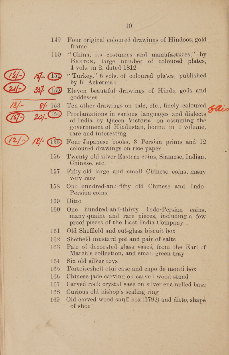 149 Four original coloured drawings of Hindoos, cold frame 150 ‘* China, its costumes and manufactures,’ by Breton, large nuniber of coloured plates, 4 vols. in 2, dated 1812. ($f Af- dsp Turkey,” 6 vols. of coloured plates. published by R. Ackerman 2) 35/- 152) Eleven beautiful: drawings of Hindu gods and coddesses /3/- §/- 153 Ten cther drawings on talc, ore finely coloured (sf) Z0/. (15 Proclamations in various languages and dialects of India by Queen Victoria, on assuming the covernment of Hindustan, bound m 1 volume, rare and interesting (2-/'> /§/- ‘> Four Japanese books, 3 Persian prints and 12 ccloured drawings on rice paper 156 Twenty old silver Eastern coins, Siamese, Indian, Chinese, etc.  157 Fifty old large and small Chinese coins, many very rare 158 Onc hundred-and-fifty old Chinese and Indo- Persian coins — 159 Ditto | 160 One hundred-and-thirty Indo-Persian coins, many quaint and rare pieces, including a few 7 proof pieces of the East India Company | 161 Old Sheffield and cut-glass biscuit box 162 Sheffield mustard pot and pair of salts [63 Pair of decorated glass vases, from the Karl of March's collection, and small green tray 164 Six old silver toys 165 Tortoiseshell etui case and capo de monti box 166 Chinese jade carving on carve | wood stand 167. Carved rock crystal vase on silver enamelled base 168 Curious old bishop’s sealing ring 169 Old carved wood snuif box 1792) and ditto, shape of shoe '