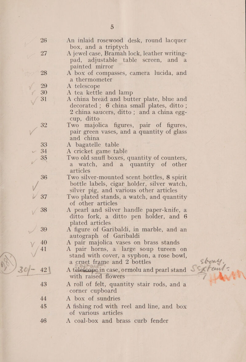 5 26 An inlaid rosewood desk, round lacquer box, and a triptych ag A jewel case, Bramah lock, leather writing- pad, adjustable table screen, and a painted mirror 28 A box of compasses, camera lucida, and a thermometer 29 A telescope 30 A tea kettle and lamp 3] A china bread and butter plate, blue and decorated ; 6 china small plates, ditto ; 2 china saucers, ditto; and a china egg- cup, ditto 32 Two majolica figures, pair of figures, pair green vases, and a quantity of glass and china 33 A bagatelle table 34 A cricket game table 35 Two old snuff boxes, quantity of counters, a watch, and a quantity of other articles 36 Two silver-mounted scent bottles, 8 spirit bottle labels, cigar holder, silver watch, silver pig, and various other articles 37 Two plated stands, a watch, and quantity of other articles 38 A pearl and silver handle paper-knife, a ditto fork, a ditto pen holder, and 6 plated articles 39 A figure of Garibaldi, in marble, and an autograph of Garibaldi 40 A pair majolica vases on brass stands 4] A pair horns, a large soup tureen on stand with cover, a syphon, a rose bowl, a cruet frame and 2 bottles er. Ay nly 424 A telescope i in case, ormolu and pearl stand ~ “A é Ptsud a ate with raised flowers fi has 43 A roll of felt, quantity stair rods, and a - “corner cupboard 44 A box of sundries 45 A fishing rod with reel and line, and box of various articles