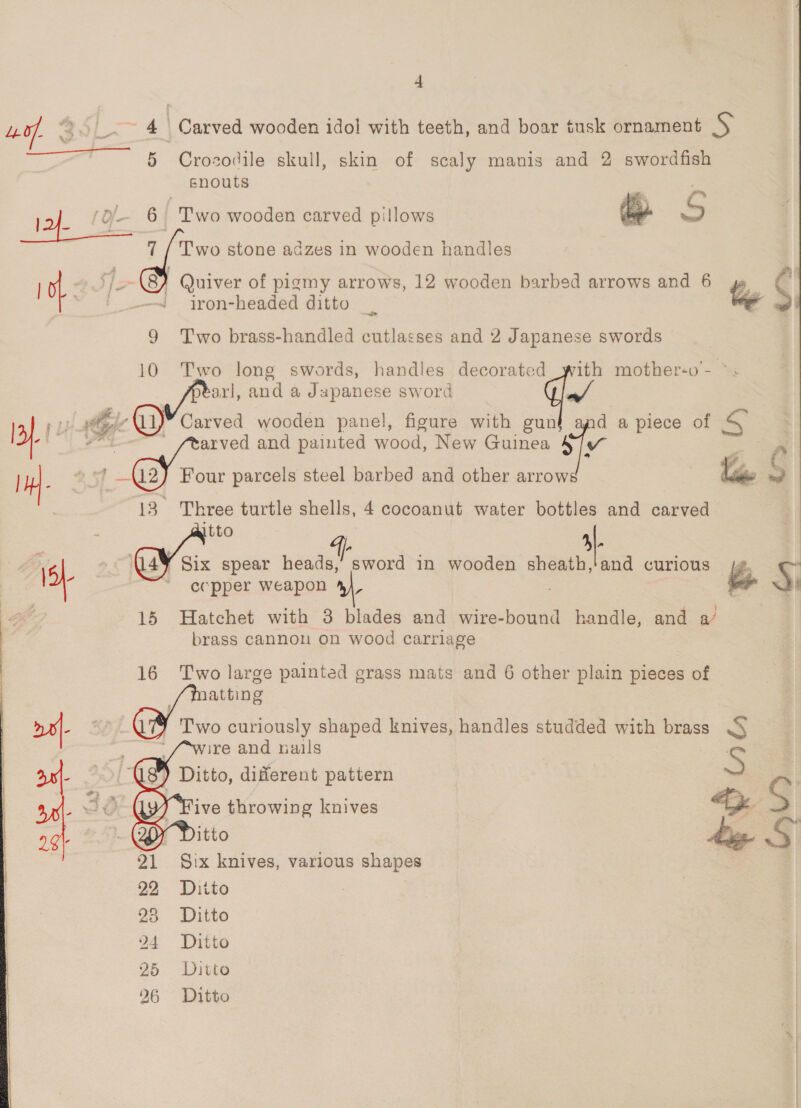 { &amp; 2 Xo  snouts iron-headed ditto | on  Dw x,  ecpper Weapon 4),    wire and nails ive throwing knives Six knives, varlous shapes Diito | Ditto Ditto Ditto Ditto » € 4, ‘ dg.