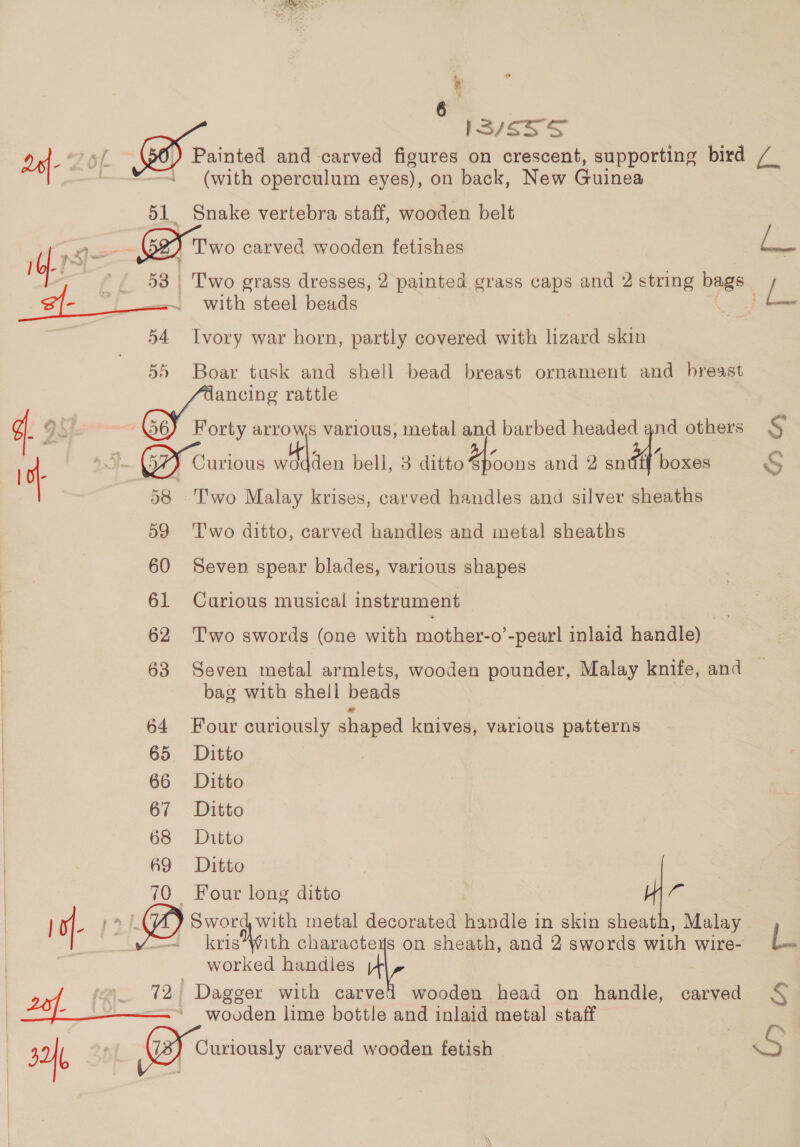 Re I3/S5S sf- +7 5 Painted and carved figures on crescent, supporting bird /_ (with operculum eyes), on back, New Guinea 51. Snake vertebra staff, wooden belt | a GI Two carved wooden fetishes ae - 53 | Two grass dresses, 2 painted grass caps and 2 string bags. is ed with steel beads eS, 54 Ivory war horn, partly covered with lizard skin 55 Boar tusk and shell bead breast ornament and breast dancing rattle 98) OY rons arrows various, metal and barbed headed and others § : 4 un GPF Curious es bell, 3 ditto Disks and 2 wnt se S 58 Two Malay krises, carved handles and silver sheaths 59 ‘Two ditto, carved handles and metal sheaths 60 Seven spear blades, various shapes 61 Curious musical instrument 62 ‘Two swords (one with mother-o’-pearl inlaid handle) 63 Seven metal armlets, wooden pounder, Malay knife, and bag with shell beads 2 64 Four curiously shaped knives, various patterns 65 Ditto 66 Ditto 67 Ditto 68 Ditto 69 Ditto | 0 Four long ditto 4 |}. > Wy, Sword with metal decorated handle in skin sheath, Malay ~ kris*With characteys on sheath, and 2 swords with wire- La worked handles Hy 72,| Dagger with carved wooden head on orale carved > wooden lime bottle and inlaid metal staff a Curiously carved wooden fetish S | 
