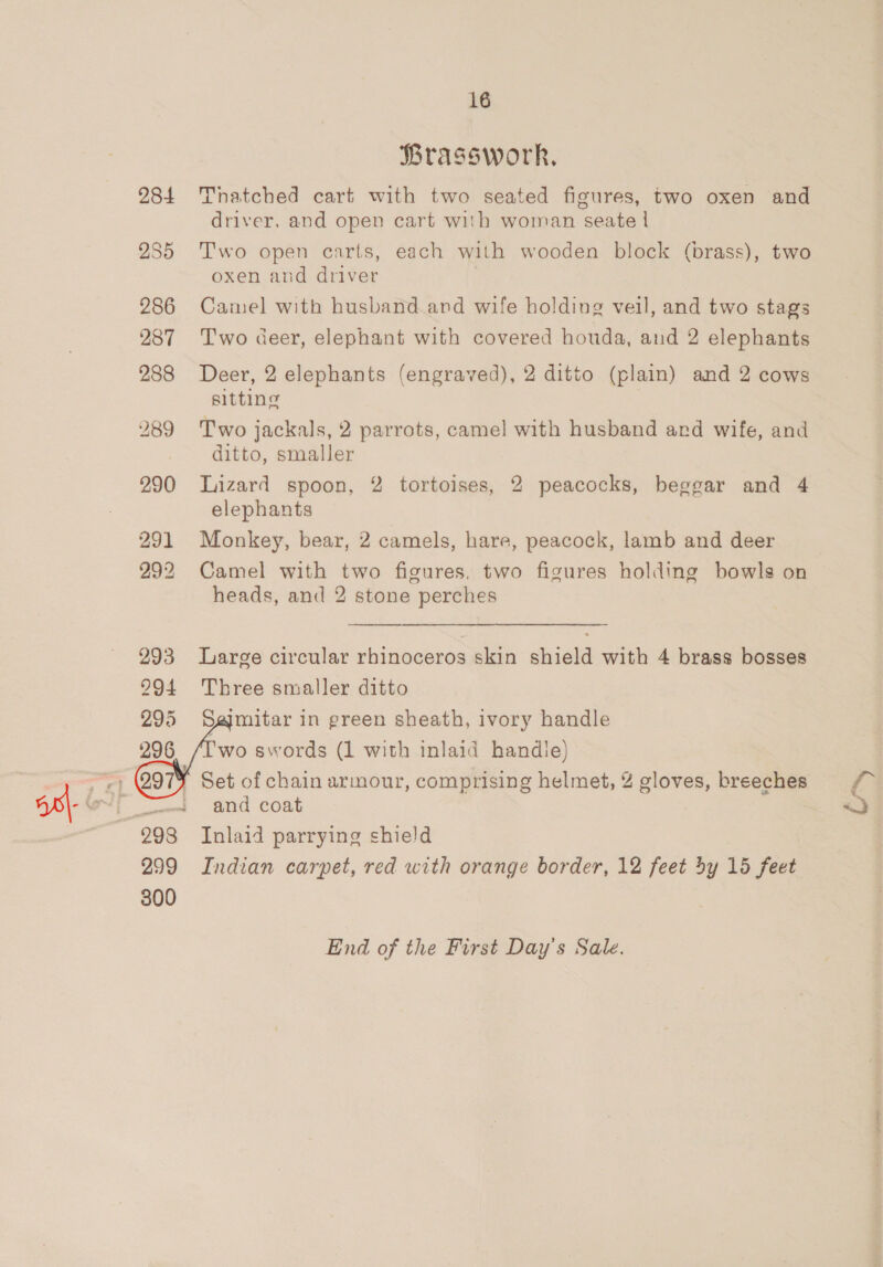 284 285 286 287 288 289 290 291 292 293 294 295 296 300   16 Prasswork, Thatched cart with two seated figures, two oxen and driver, and open cart with woman seate I Two open carts, each with wooden block (brass), two oxen and driver | Camel with husband and wife holding veil, and two stags Two deer, elephant with covered houda, and 2 elephants Deer, 2 elephants (engraved), 2 ditto (plain) and 2 cows sitting Two jackals, 2 parrots, camel with husband and wife, and ditto, smaller Lizard spoon, 2 tortoises, 2 peacocks, beggar and 4 elephants Monkey, bear, 2 camels, hare, peacock, lamb and deer Camel with two figures, two figures holding bowls on heads, and 2 stone perches Large circular rhinoceros skin shield with 4 brass bosses Three smaller ditto Saimitar in green sheath, ivory handle ‘wo swords (1 with inlaid handle) and coat Inlaid parrying shield End of the First Day's Sale. en