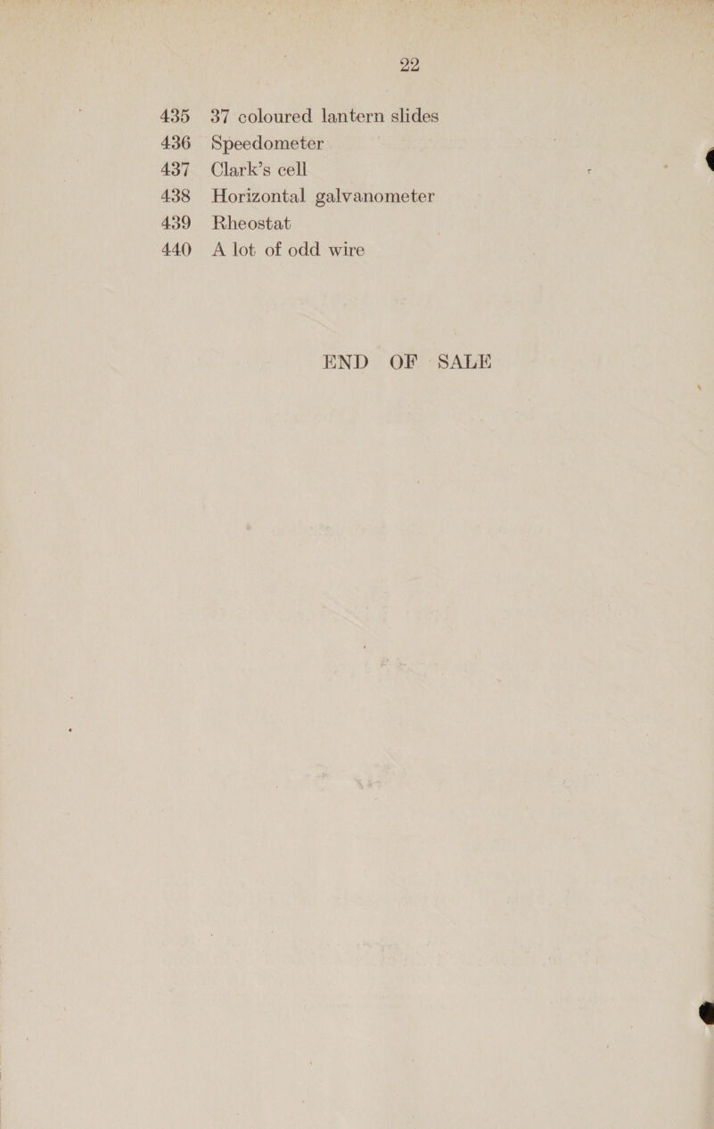 435 436 437 438 439 440 22 37 coloured lantern slides Speedometer Clark’s cell Horizontal galvanometer Rheostat A lot of odd wire END OF SALE 