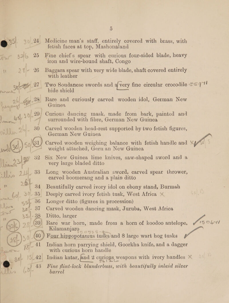 4 9% gol. wk — 4 3d. 29 yb died ts Py. 30  &gt; egy 32 ae ¢ al Hc ? iz a4! 1 34 bg. 9% 33. _ 36 4. 37 38. w ad fi ——.  ; ate f 43 5 fetish faces at top, Mashonaland Fine chief's spear with curious four-sided blade, heavy Baggara spear with very wide blade, shaft covered entirely with leather Two Soudanese swords and af very fine circular crocodile hide shield ) Guinen surrounded with fibre, German New Guinea Carved wooden head-rest supported by two fetish figures, German New Guinea weight attached, Gern an New Guinea Six New Guinea lime knives, saw-shaped sword and a very large bladed ditto Long wooden Australian sword, carved spear ee ee Beautifully carved ivory idol on ebony stand, Burmah Deeply carved ivory fetish tusk, West Africa ™ Longer ditto (figures in procession) Carved wooden dancing mask, Juruba, West Africa Ditto, larger Kilamanjaro_ 7 Four hi \ippopotamus tusks and 8 large wart hog tusks Indian horn parrying shield, Goorkha knife, and a dagger with curious horn handle Fine flint-lock blunderbuss, with beautifully enlaid silver barrel al ns e™ 