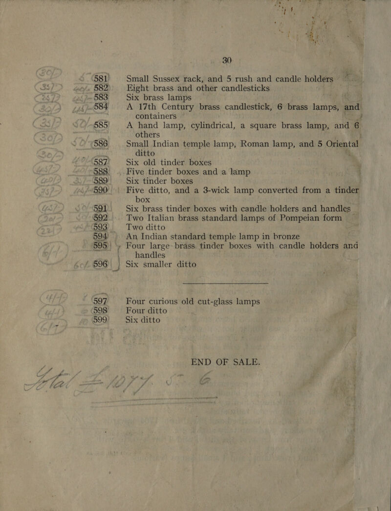 30 Small Sussex rack, and 5 rush and candle holders Eight brass and other candlesticks Six brass lamps — A 17th Century brass candlestick, 6 brass aioe and containers © Z A hand lamp, cylindrical, a square brass lamp, ald 6 others Small Indian temple lamp, Roman lamp, and 5 Oriental ditto Six old tinder boxes _..Five tinder boxes and a lamp Six tinder boxes ' Five ditto, and a 3-wick lamp converted from a tinder box Six brass tinder boxes with candle holders and handles Two Italian brass standard lamps of Pompeian form Two ditto An Indian standard beat lamp in bronze handles ' Six smaller ditto Four curious old cut-glass lamps Four ditto Six ditto END OF SALE, ff gem