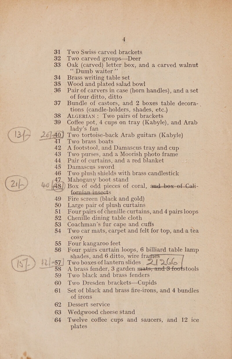 31 32 33 34 35 36 37 38 39 a NS 4 Two Swiss:carved brackets Two carved groups—Deer Oak (carved) letter box, and a carved walnut “sDumb waiter”’ ;-. Brass writing table set Wood and plated salad bowl Pair of carvers in case (horn handles), and a set of four ditto, ditto Bundle of castors, and 2 boxes table decora- . tions (candle-holders, shades, etc.) ALGERIAN: Two pairs of brackets Coffee pot, 4 cups on tray (Kabyle), and Arab lady’s fan Two tortoise-back Arab guitars (Kabyle) Two brass boats A footstool, and Damascus tray and cup Two purses, and a Moorish photo frame Pair of curtains, and a red blanket Damascus sword Two plush shields with brass candlestick fornian-insects Fire screen (black and gold) Four pairs of chenille curtains, and 4 pairs loops Chenille dining table cloth Coachman’s fur cape and cuffs Two car mats, carpet and felt for top, and a tea cosy Four kangaroo feet Four pairs curtain loops, 6 billiard table lamp shades, and 6 ditto, wire fraries~ oo A brass fender, 3 garden mats—and-3 Two black and brass fenders Two Dresden brackets—Cupids Set of black and brass fire-irons, and 4 bundles of irons Dessert service Twelve coffee cups and saucers, and 12 ice plates