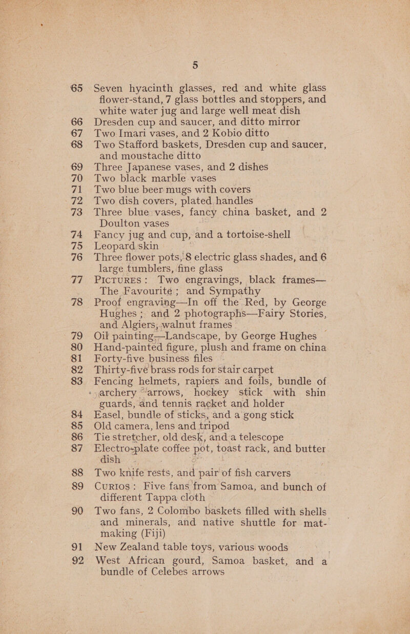 66 67 68 iy OF 70 fa! 22 73 7A 795 76 ‘at 78 79 81 82 83 84 85 86 87 88 89 90 91 92 5 Seven hyacinth glasses, red and white glass flower-stand, 7 glass bottles and stoppers, and white water jug and large well meat dish Dresden cup and saucer, and ditto mirror Two. Imari vases, and 2 Kobio ditto Two Stafford baskets, Dresden cup and saucer, and moustache ditto Three Japanese vases, and 2 dishes Two black marble vases Two blue beer mugs with covers Two dish covers, plated handles Three blue: vases, fancy china basket, and 2 Doulton vases | Fancy jug and cup, and a tortoise-shell Leopard skin Three flower pots, 8 electric glass shades, and 6 large tumblers, fine glass PIcTURES: Two engravings, black frames— The Favourite; and Sympathy Hughes ; and 2 photographs—Fairy Stories, and Algiers, walnut frames 2 Oil painting—Landscape, by George Hughes Hand-painted figure, plush and frame on china Forty-five business files Thirty-five brass rods for stair carpet Fencing helmets, rapiers and foils, bundle of guards, and tennis racket and holder Easel, bundle of sticks, and a gong stick Old camera, lens and tripod Tie stretcher, old desk, anda telescope | Flectro-plate coffee pot, toast rack, and butter ish. ; Two knife rests, and pair ‘of fish carvers Curios: Five fans'from Samoa, and bunch of different Tappa cloth Two fans, 2 Colombo baskets filled with shells and minerals, and native shuttle for mat- making (F1j1) New Zealand table toys, various woods West African gourd, Samoa basket, and a bundle of Celebes arrows