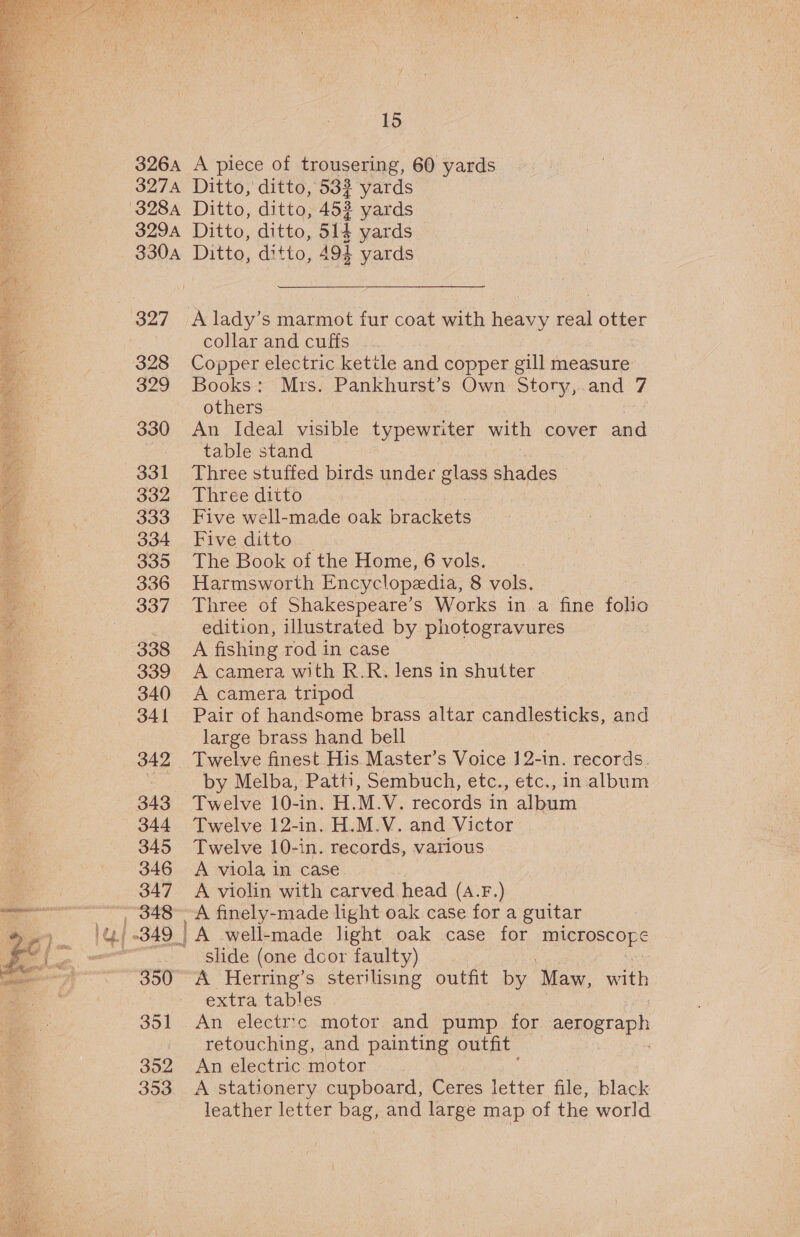 326A S27A 329A 330A 328 329 330 331 332 333 334 335 336 337 338 339 340 341 342 343 344 345 346 347 350 35] 352 353 15 A piece of trousering, 60 yards Ditto, ditto, 532 yards Ditto, ditto, 452 yards Ditto, ditto, 514 yards Ditto, ditto, 494 yards A lady’s marmot fur coat with heavy real otter collar and cuffs Copper electric kettle and copper gill measure Books: Mrs. Pankhurst’s Own Story,.and 7 others | : An Ideal visible typewriter with cover and table stand Three stuffed birds under glass shades Three ditto Five well-made oak brackets Five ditto The Book of the Home, 6 vols, “. Harmsworth Encyclopedia, 8 vols. Three of Shakespeare’s Works in a fine folio edition, illustrated by photogravures A fishing rod in case A camera with R.R. lens in shutter | A camera tripod Pair of handsome brass altar candlesticks, and large brass hand bell Twelve finest His. Master’s Voice 12-in. records. by Melba, Patti, Sembuch, etc., etc., in album Twelve 10-in. H.M.V. records in album Twelve 12-in. H.M.V. and Victor Twelve 10-in. records, various A viola in case A violin with carved head (A.F.) A well-made light oak case for microscope slide (one door faulty) A Herring’s sterlising outfit by ‘Maw, with extra tables retouching, and painting outfit An electric motor | A stationery cupboard, Ceres letter file, ek leather letter bag, and large map of the world