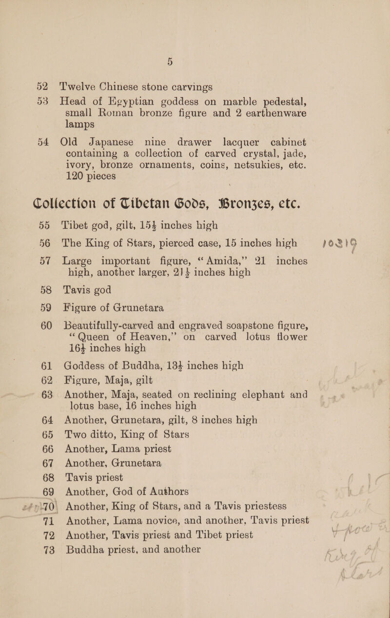 52 ‘Twelve Chinese stone carvings 53 Head of Egyptian goddess on marble pedestal, small Roman bronze figure and 2 earthenware lamps 54 Old Japanese nine drawer lacquer cabinet containing a collection of carved crystal, jade, ivory, bronze ornaments, coins, netsukies, etc. 120 pieces Collection of Tibetan Gods, Bronjzes, etc. 55 Tibet god, gilt, 154 inches high 56 The King of Stars, pierced case, 15 inches high 57 Large important figure, ‘‘ Amida,” 21 inches high, another larger, 2]} inches high 58 Tavis god 59 Figure of Grunetara 60 Beautifully-carved and engraved soapstone figure, “Queen of Heaven,” on carved lotus flower 163 inches high 61 Goddess of Buddha, 134 inches high 62 Figure, Maja, gilt 3 63 Another, Maja, seated on reclining elephant and lotus base, 16 inches high 64 Another, Grunetara, gilt, 8 inches high 65 Two ditto, King of Stars 66 Another, Lama priest 67 Another, Grunetara 68 Tavis priest 69 Another, God of Authors +710, Another, King of Stars, and a Tavis priestess 71 Another, Lama novice, and another, Tavis priest 72 Another, Tavis priest and Tibet priest 73 Buddha priest, and another