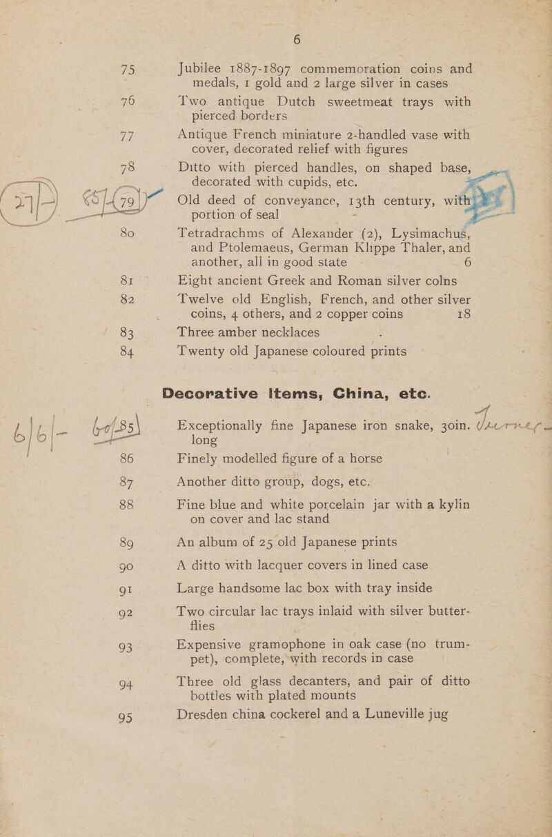 73 76 SI 82 83 84 86 87 88 89 gO QI g2 93 OF 95 6 Jubilee 1887-1897 commemoration coins and medals, 1 gold and 2 large silver in cases Two antique Dutch sweetmeat trays — pierced borders Antique French miniature 2-handled vase with cover, decorated relief with figures Ditto with pierced handles, on shaped nares decorated with cupids, etc. portion of seal Tetradrachms of Alexander &lt;a) ke and Ptolemaeus, German Klippe Thaler, and another, all in good state | 6  Eight ancient Greek and Roman silver colns Twelve old English, French, and other silver coins, 4 others, and 2 copper coins 18 Three amber necklaces : Twenty old Japanese coloured prints Exceptionally fine Japanese iron snake, 30I1n. a TUL, long Finely modelled pore of a horse Another ditto group, dogs, etc. Fine blue and white porcelain jar with a kylin on cover and lac stand An album of 25 old Japanese prints A ditto with lacquer covers in lined case Large handsome lac box with tray inside Two circular lac trays inlaid with silver butter- flies Expensive gramophone in oak case (no trum- pet), complete, with records in case © Three old glass decanters, and pair of ditto bottles with plated mounts Dresden china cockerel and a Luneville jug