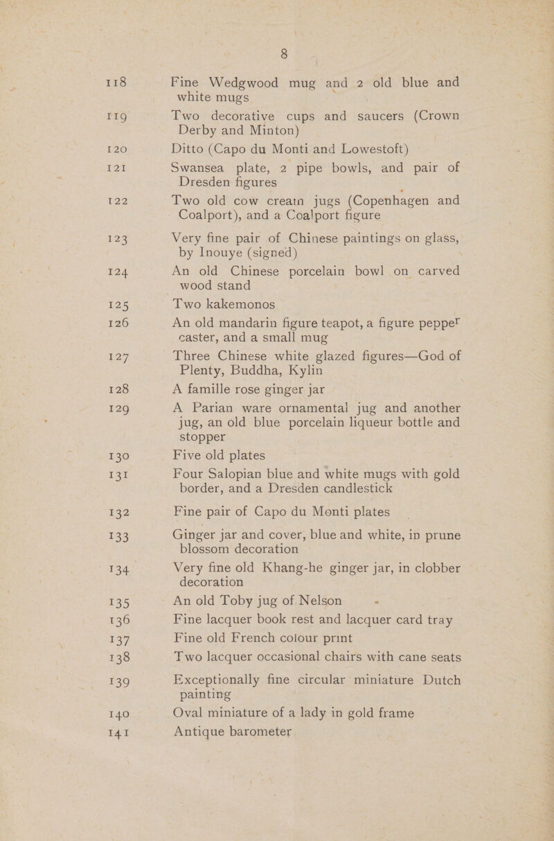 T19 MPO) IGA 122 123 124 125 126 127 128 129 131 £92 133 134 135 136 £37 138 Eo 140 IAI 8 Fine Wedgwood mug and 2 old blue and white mugs Two decorative cups and saucers (Crown Derby and Minton) Ditto (Capo du Monti and Lowestoft) Swansea plate, 2 pipe bowls, and pair of Dresden figures Two old cow creain jugs (Copenhagen and Coalport), and a Coalport figure Very fine pair of Chinese paintings on glass, by Inouye (signed) : An old Chinese porcelain bowl on carved wood stand : An old mandarin figure teapot, a figure peppet caster, and a small mug Three Chinese white glazed figures—God of Plenty, Buddha, Kylin A famille rose ginger jar A Parian ware ornamental jug and another jug, an old blue porcelain liqueur bottle and stopper Five old plates Four Salopian blue and white mugs with gold border, and a Dresden candlestick Fine pair of Capo du Monti plates Ginger jar and cover, blue and white, in prune blossom decoration Very fine old Khang-he ginger jar, in clobber decoration An old Toby jug of Nelson 5 Fine lacquer book rest and lacquer card tray Fine old French colour print Two lacquer occasional chairs with cane seats Exceptionally fine circular miniature Dutch painting Oval miniature of a lady in gold frame Antique barometer