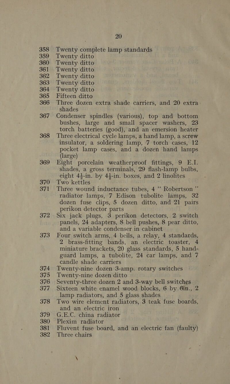 358 359 360 361 362 363 364 365 366 367 368 369 370 371 372 373 374 375 376 377 378 379 380 381 382 20 Twenty complete lamp standards Twenty ditto Twenty ditto Twenty ditto Twenty ditto Twenty ditto Twenty ditto Fifteen ditto Three dozen extra shade carriers, and 20 extra shades Condenser spindles (various), top and bottom bushes, large and small spacer washers, 23 torch batteries (good), and an emersion heater Three electrical cycle lamps, a hand lamp, a screw insulator, a soldering lamp, ‘7 torch cases, 12 pocket lamp cases, and a dozen ‘hand lamps (large) Eight porcelain weatherproof fittings, 9 E.I. shades, a gross terminals, 29 flash-lamp bulbs, eight 44-in. by 44-in. bo and 2 linolites Two kettles Three wound inductance éibes: 4 “* Robertson ’ radiator lamps, 7 Edison tubolite lamps, 32 dozen fuse clips, 5 dozen ditto, and 21 pairs perikon detector parts Six jack plugs, 3 perikon detectors, 2. switch panels, 24 adapters, 8 bell pushes, 8 pear ditto, and a variable condenser in cabinet Four switch arms, 4 bells, a relay, 4 standards, 2 brass-fitting bands, an electric toaster, 4 guard lamps, a tubolite, 24 car lamps, and 7 candle shade carriers Twenty-nine dozen 3-amp. rotary switches Twenty-nine dozen ditto Seventy-three dozen 2 and 3-way bell switches Sixteen white enamel wood blocks, 6 by 6in., 2 lamp radiators, and 5 glass shades _ Two wire element radiators, 3 teak fuse boards, and an electric iron G.E.C. china radiator Plexim radiator Fluvent fuse board, and an electric fan (faulty) Three chairs e