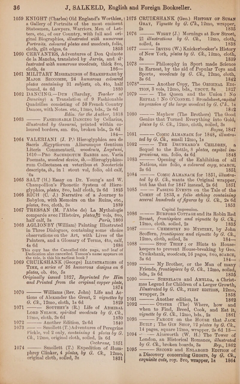 1059 1060 1061 1062 1063 1064 1065 1066 1067 1068 KNIGHT (Charles) Old England’s Worthies, a Gallery of Portraits of the most eminent Statesmen, Lawyers, Warriors, Men of Let- ters, etc., of our Country, with full and ori- ginal Biographies, dlustrated with numerous Portraits, coloured plates and woodcuts, folio, cloth, gilt edges, 6s 18538 CERVANTES, Adventures of Don Quixote de la Mancha, translated by Jarvis, and il’ lustrated with numerous woodcuts, thick 8vo, cloth, 4s 186— MILITARY Misreapines of SHAKSPEARE by Mason SerccomBy, 24 humorous coloured plates containing 31 subjects, ob. 4to, half bound, 4s 6d 1880 DANCING.—Doun (Barclay, Teacher of Dancing) a Translation of 9 Fashionable Quadrilles consisting of 50 French Country Dances, with Notes, etc., 12mo, bds., 28 6d Edin. for the Author, 1818 FASHIONABLE DANCING by Cellarius, illustrated by Gavarni, printed within co- loured borders, sm. 4to, broken bds., 2s 6d 184— VALERIANI (J. P.) Hieroglyphica seu de Sacris /Xgyptiorum Aliarumque Gentium Literis Commentarii, woodcuts, Lugdunt, 1610—Pro SacerpoTuM BaRBIs acc, Varia Poemata, woodcut device, ib.—Hieroglyphico- rum Collectanea ex veteribus et Neotericis descripta, 7b., in 1 stout vol, folio, old calf,  8 SALT (H.) Essay on Dr. Young's and W. Champollion’s Phonetic System of Hiero- glyphics, plates, 8vo, half cloth, 2s 6d 1825 RICH (C. J.) Narrative of a Journey to Babylon, with Memoirs on the Ruins, etc., lates, 8vo, cloth, 3s 1839 TRESSAN (M. l’Abbe de) La Mythologie comparée avec l’Histoire, plates,82 vols, 8vo, half calf, 3s Paris, 1803 AGLIONBY (William) Painting Illustrated in Three Dialogues, containing some choice observations on the Art, with Lives of the Painters, and a Glossary of Terms, 4to, calf, 4s 6d 1686 1069 the title, is this his earliest book ? CRUIKSHANK (George) ILLUsTRaTIons of Time, a series of 86 humorous designs on 6 plates, ob. 4to, 5s 1070 1071 1072 1073 1074 and Printed from the original copper plate, 1874 Williams (Rev. John) Life and Ac- tions of Alexander the Great, 2 vignettes by G. Ck., 12mo, cloth, 1s 6d 1829 SoutHeEy’s (R.) Life of ADMIRAL LorpD NELSON, spirited woodcuts by G. Ck., 12mo, cloth, 3s 6d 1830 — Another Edition, 2s 6d 1840 —— — Smollett (‘T.) Adventures of Peregrine Pickle, vol 2 only, containing 4 plates by G. Ck., 12mo, original cloth, soiled, 28 6d Cochrane, 1851 Smollett (T.) Expedition of Hum- phrey Clinker, 4 plates, by G. Ck, 12mo, original cloth, soiled, 3s 1831    1075 1076 1077 1078 1080 1081 1082 1083 1084 1085 1089 1090 199] 1092 1093 1094 1095 - CRUIKSHANK (Geo.) History oF Susan Gray, Vignette by G. Ck. 12mo, wrapper, 2s 1835 — Wicaut (J.) Mornings at Bow Street, 21 illustrations by G. Ck. 12mo, cloth, soiled, 4s 1838 — Irvine (W.) Knickerbocker’s History of New York, plates by G. Ck., 12mo, cloth, 38 1839 Philosophy in Sport made Science in Earnest, by the aid of Popular Toys and Sports, woodcuts by G. Ck., 12mo, cloth, 1842 Another Copy, The OriatnaL Epr- TION, 3 vols, 12mo, bds., UNcUT, 8g 1827 —-— The Queen and the Union! No Repeat ! No O’Connet ! Broadsheet, capital impression of the large woodcut by G, O’k., 1s 1848 ——~— Mayhew (The Brothers) The Good Genius that Turned Everything into Gold, plates by G. Ck., 12mo, cloth, soiled, 8s Bogue, 1847 —-— Comic ALMANACK for 1848, dllustra- ted by G. Ck., small 12mo, 1s — THE DRUNKARD’s CHILDREN, a      pressions, sm. folio, 48 6d — Opening of the Exhibition of all Nations, size folio, a coloured copy, SCARCE, 3s 6d 1851 ——-— Comic ALMANACK for 1851, illustra- ted by G. Ck., wants the Original wrapper, but has that for 1847 instead, 28 6d 1851 ——-— Passine Events on the Tale of the Comet of 1853, a folio etching containing several hundreds of figures by G. Ck., 28 6d 1853 Capital Impression. ——w— Borrorpb Corracs and its Robin Red Breast, frontispiece and vignette by G. Ck., 12mo, cloth, soiled, 2s 1835 — CHEMISTRY No Mystery, by John Scoffern, frontispreee and vignette by G. Ok., 12mo, cloth, soiled, 3s 184— — Stor TaHrer; or Hints to House- keepers to prevent House-breaking by Geo.    3s 6d — My Brother, or the Man of many Friends, frontispiece by G. Ck., 12mo, soiled, bds., 28 6d 1855 ——— STENELAUS and AmyYLDA, a Christ-  Illustrated by G. Ck., FIRST EDITION, 12mo, wrapper, 2s 1858 — Another edition, 1s 1862 ——-— OysteR (The) Where, how and when to Find, Breed, Cook, and Eat it, vignette by G. Ck., 12mo, bds., 28 -——— Paropy on the House that Jack Burtt ; The Gin Suop, 12 plates by @. Ok., 14 pages, square 12mo, wrapper, 2s 6d 18— ---~— Ainsworth (W. H.) The Tower of London, an Historical Romance, illustrated by G. Ck., broken boards, 38 Rep., 1862  x a Discovery concerning Guosts, by @, Ch, exquosite cuts, roy. 8vo, wrapper, 1s 1864