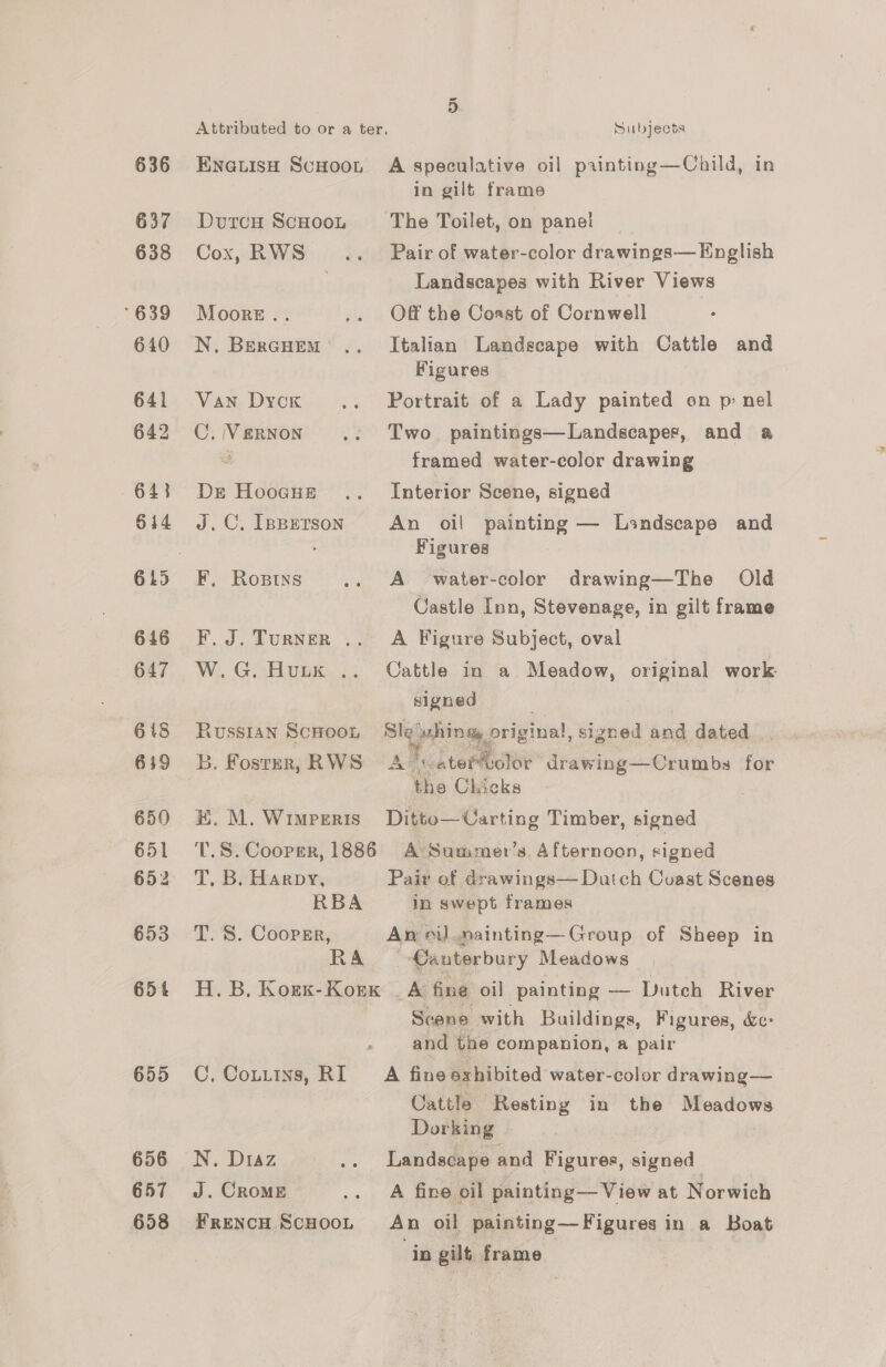 637 638 °639 640 641 642 643 §14 646 647 § 18 639 650 651 652 653 65% 655 656 657 658 Attributed to or a ter, Subjects in gilt frame DurceH ScHoon The Toilet, on pane} Cox, RWS... ___— Pair of water-color drawings— English Landscapes with River Views Moore .. .. Off the Coast of Cornwell N. Bercuem .. Italian Landscape with Cattle and Figures Van Dyck .. Portrait of a Lady painted on p: nel C. Vernon .. Two. paintings—Landscapes, and a ; framed water-color drawing Dr Hoocue .. Interior Scene, signed J. C. [pperson An oil painting — Landscape and Figures F, Roptns .. A water-color drawing—The Old Castle Inn, Stevenage, in gilt frame F.J. Turner .. A Figure Subject, oval W.G. Hutx .. Cattle in a Meadow, original work signed Russian ScHoon Sle’ whine, original, signed and dated Bb, Foster, RWS Al atertolor drawing—Crumbs for the Chicks H. M. Wimperis Ditto—Uarting Timber, signed T.S. Cooper, 1886 A Summer’s. Afternoen, signed T. B. Harpy, Pair of drawings— Dutch Coast Scenes RBA in swept frames T. 8. Coorgr, An oil mainting—Group of Sheep in RA Canterbury Meadows H. B. Korx-Korx _ A fine oil painting — Dutch River 3 Scene with Buildings, Figures, &amp;c- - and the companion, a pair C. Cottins, RI A fine exhibited water-color drawing— Cattle Resting in the Meadows Dorking | N. Diaz .. Landscape and Figures, signed | J. CRoME .. A fine oil painting— View at Norwich FRENCH SCHOOL An oil painting — Figures in a Boat in gilt. frame