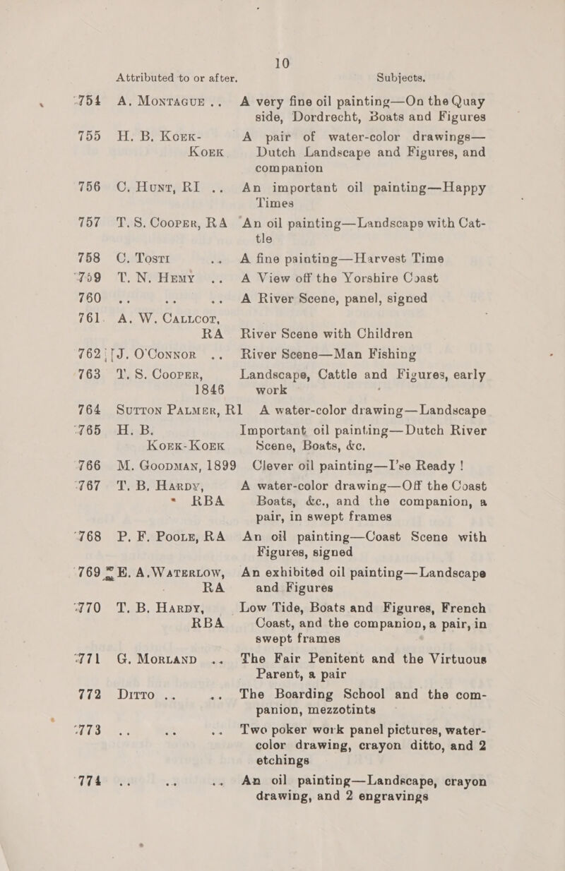 10 Attributed ‘to or after, Subjects, “@54 A, MonracuE.. A very fine oil painting—On the Quay side, Dordrecht, Boats and Figures 755 H. B. Kouxk- A pair of water-color drawings— KOEK Dutch Landscape and Figures, and companion 756 C, Hunt, RI .. An important oil painting—Happy Times 757 =T.S.Cooper, RA An oil painting— Landscape with Cat- tle 758 OC. Tosti .. A fine painting—Harvest Time 409 T.N. Hemy .. A View off the Yorshire Coast 760 . A River Scene, panel, signed 761. A. W. Caucot, RA River Scene with Children 762''J. O'Connor .. River Scene—Man Fishing 763 =T. S. Coopsr, Landscape, Cattle and Figures, early 1846 work 764 Surron Paumer, Rl A water-color drawing— Landscape 465 HH. B. Important ot] painting—Dutch River Korx-KorKk Scene, Boats, ce. 766 M.Goopman, 1899 Clever oil painting—I’se Ready ! 767 =T. B, Harpy, A water-color drawing—Off the Coast . BRBA Boats, &amp;c., and the companion, a 7 pair, in swept frames ‘768 P.F. Pootzr, RA An oil painting—Coast Scene with Figures, signed (769 = EK. A.Watertow, An exhibited oil painting—Landscape RA and Figures “70 T. B. Harpy, _Low Tide, Boats and Figures, French RBA Coast, and the companion, a pair, in swept frames “771 = G. Mortanp .. The Fair Penitent and the Virtuous Parent, a pair 162). DITTOR. .. The Boarding School and the com- panion, mezzotints WS Be .. Two poker work panel pictures, water- color drawing, crayon ditto, and 2 etchings “T7482 OF =. .. An oil painting—Landscape, crayon drawing, and 2 engravings