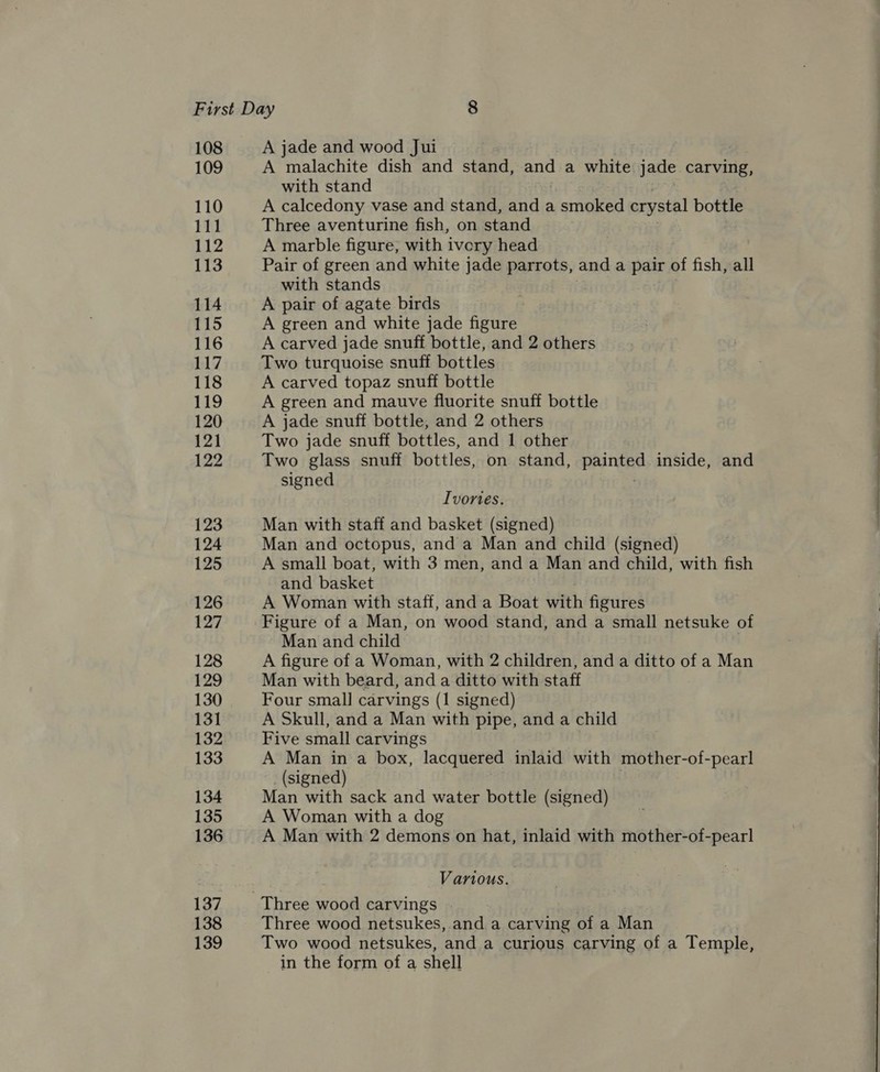 109 110 111 112 113 114 115 116 117 118 119 120 121 122 123 124 125 126 127 128 129 130 131 132 133 134 135 136 137 138 139 A malachite dish and stand, and a white. jade carving, with stand A calcedony vase and stand, and a smoked crystal bottle Three aventurine fish, on stand A marble figure, with ivcry head Pair of green and white jade parrots, and a pair of fish, all with stands A pair of agate birds A green and white jade figure A carved jade snuff bottle, and 2 others Two turquoise snuff bottles A carved topaz snuff bottle A green and mauve fluorite snuff bottle A jade snuff bottle, and 2 others Two jade snuff bottles, and 1 other Two glass snuff bottles, on stand, paintee inside, and signed Ivories. Man with staff and basket (signed) Man and octopus, and a Man and child (signed) A small boat, with 3 men, and a Man and child, with fish and basket A Woman with staff, and a Boat with figures Figure of a Man, on wood stand, and a small netsuke of Man and child A figure of a Woman, with 2 children, and a ditto of a Man Man with beard, and a ditto with staff Four small carvings (1 signed) A Skull, and a Man with pipe, and a child Five small carvings A Man in a box, lacquered inlaid with mother-of-pearl (signed) Man with sack and water bottle (signed) A Woman with a dog A Man with 2 demons on hat, inlaid with mother-of-pearl Vanious. Three wood netsukes, and a carving of a Man Two wood netsukes, and a curious carving of a Temple, in the form of a shell 