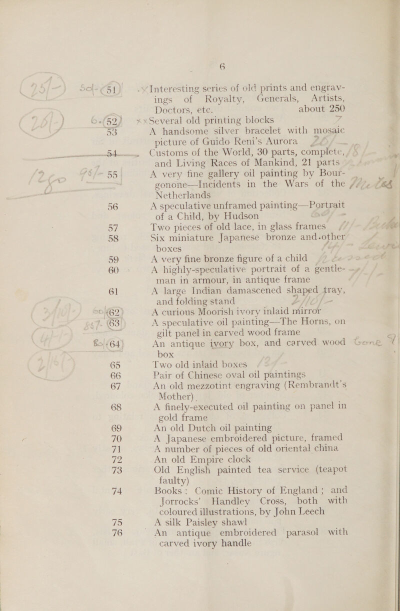 96 o7 58 59 60 61 65 66 67 68 69 70 7] 72 73 79 76 6 ings of Royalty, Generals, Artists, Doctors, etc. about 250 A handsome silver bracelet with mosaic picture of Guido Reni’s Aurora and Living Races of Mankind, 21 parts A very fine gallery oil painting by Bour- gonone—Incidents in the Wars of the Netherlands A speculative unframed pa of a Child, by Hudson Two pieces of old lace, in glass Ghines Six miniature Japanese bronze and. other boxes A very fine bronze figure of a child  man in armour, in antique frame A large Indian damascened eee Fray, and folding stand A curious Moorish ivory inlaid mirror A speculative oil painting—The Horns, on gilt panel in carved wood frame An antique ivory box, and carved. wood box Two old inlaid boxes Pair of Chinese oval oil paintings An old mezzotint engraving (Rembrandt's Mother) . A finely-executed oil painting on panel in gold frame An old Dutch oil painting A Japanese embroidered picture, framed A number of pieces of old oriental china An old Empire clock : Old English painted tea service (teapot faulty) Books: Comic History of England; and Jorrocks’ Handley Cross, both with coloured illustrations, by John Leech A silk Paisley shawl An antique embroidered parasol with carved ivory handle rt