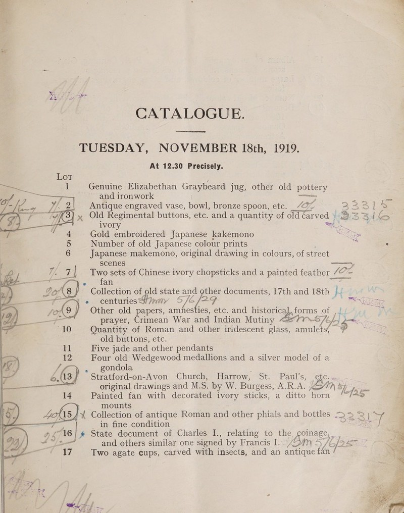 é  CATALOGUE. ERD TUESDAY, NOVEMBER 18th, 1919. At 12.30 Precisely. Lot ae 1 Genuine Elizabethan Graybeard jug, other old pottery gene aes. and ironwork —in . ¥. 2) Antique engraved vase, pew, bronze spoon, etc. “2% 33 es ia \ 7» “93) » Old Regimental buttons, etc. and a quantity of old < farved 1 Bz BAG ,, ivory wit”. é ‘ ae Gold embroidered Japanese kakemono ahs 5 Number of old Japanese colour prints es 6 Japanese makemono, original drawing in colours, of street scenes eee, J WF | Two sets of Chinese ivory chopsticks and a painted teather 7@ (Or a, «fan m Do 8 Collection of old state and other documents, 17th and 18th ye —_— 77 X «. centuries* Gay S/E/P9 ae A 9 Other old papers, amnesties, etc. and historica speotms a4 3 a —F-- prayer, Crimean War and Indian Mutiny <7 ST fe poms. 10 Quantity of Roman and other iridescent re amulets, 5 . old buttons, etc. 11 Five jade and other pendants 12 Four old Wedgewood medallions and a silver model of a yj Le . gondola 4.137 Stratford-on-Avon Church, Harrow, St. Paul’s, SAC * —_——— original drawings and M.S. by W. Burgess, A.R.A. Gown} fs pm 14 Painted fan with decorated ivory sticks, a ditto re fa ~ mounts ) ee U5 / A Collection of antique Roman and other phials and bottles —2 > 2 | >y a in fine condition “16 | | * State document of Charles I., relating to the -oinage, By - and others similar one signed by Francis I oon YS APs je VW Two agate cups, carved with insects, and an 1 antique fan 7 | dey al ain re | ; j we ; 