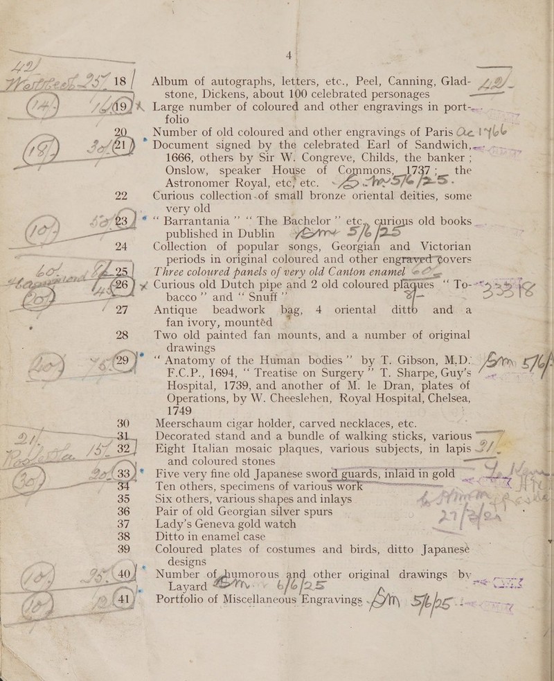 20 ee a  2049) ‘is 4 1 he 4 4y X A Album of autographs, letters, etc., Peel, Canning, Glad- LY. stone, Dickens, about 100 celebrated personages _—_—— folio Number of old coloured and other engravings of Paris Qe Iybb- Document signed by the celebrated Earl of Sandwich, —- 1666, others by Sir W. Congreve, Childs, the banker ; Onslow, speaker House of wa es 1737 the Astronomer Royal, etc, etc. 57e ja's. Curious collection -of small 0 diets deities, some very old “ Barrantania’”’ ‘“‘ The Bachelor ”’ etc,, curious old books _. published in Dublin ~ - S/6 fs Collection of popular songs, Georgiah and Victorian periods in original coloured and other engraved¢overs Three coloured panels of very old Canton enamel © bacco” arid .Y Snait-s Antique beadwork bag, 4 oriental dit fan ivory, mountéd Two old painted fan mounts, and a number of original _ drawings : “Anatomy of the Human bodies” by T. Gibson, M.D: Jal ty, F.C.P., 1694, “Treatise on’ Sungery ~~ 1. Starpe, Guys” 5. Hospital, 1739, and another of M. le Dran, plates of Operations, by W. Cheeslehen, Royal Hospital, Chelsea, 1749 Meerschaum cigar holder, carved necklaces, etc. Decorated stand and a bundle of walking sticks, various Fight Italian mosaic plaques, various subjects, in lapis ~ wt and coloured stones andes a meme Gj Five very fine old Japanese sword guards, inlaid in gold Se pees i fod Ten others, specimens of various work kA Six others, various shapes and inlays. | ei aie Ss ne, Pair of old Georgian silver spurs 94 Pate! -° Lady’s Geneva gold watch +. ’ Ditto in enamel case | ; Coloured plates of costumes and birds, ditto Japanese — designs Number of, me ng seer original drawings © by, Layard = Portfolio of Wiscellanee a avings fin ane win TF Wrest get