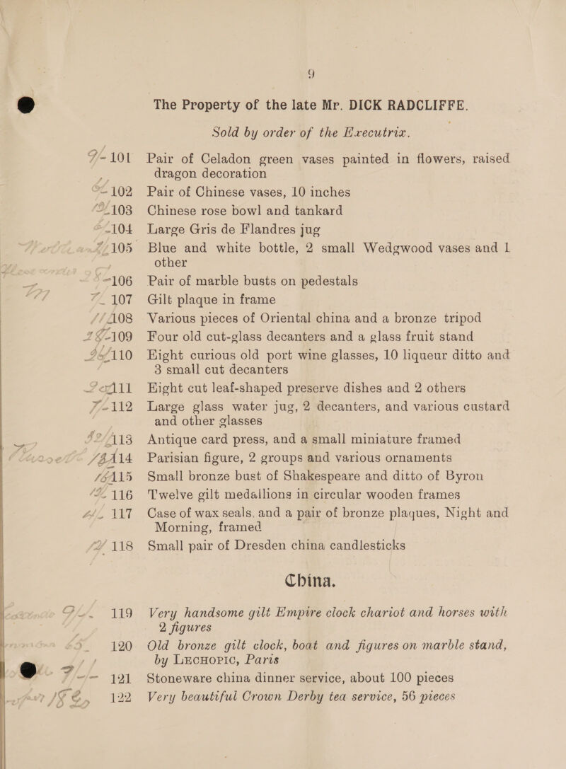 I-101 6£102 “2103 104 -106 7Z 107 //A08 Zz G21 09 ILALO Zofl11 Woi12 ILA13 /bAN4 SEALS (Fz 116 44, \AT Y 118 aig, 410 120 fil - IC» 2 / ‘4 YG ~ 122 / 5 hee - 9) The Property of the late Mr. DICK RADCLIFFE. Sold by order of the Hxecutriz. Pair of Celadon green vases painted in flowers, raised dragon decoration Pair of Chinese vases, 10 inches Chinese rose bow! and tankard Large Gris de Flandres jug Blue and white bottle, 2 small Wedgwood vases and 1 other Pair of marble busts on pedestals Gilt plaque in frame Various pieces of Oriental china and a bronze tripod Four old cut-glass decanters and a glass fruit stand Hight curious old port wine glasses, 10 liqueur ditto and 3 small cut decanters Eight cut leaf-shaped preserve dishes and 2 others Large glass water jug, 2 decanters, and various custard and other glasses Antique card press, and a small miniature framed Parisian figure, 2 groups and various ornaments Small bronze bust of Shakespeare and ditto of Byron Twelve gilt medallions in circular wooden frames Case of wax seals, and a pair of bronze plaques, Night and Morning, framed Small pair of Dresden china candlesticks China. Very handsome gilt Empire clock chariot and horses with 2 figures Old bronze gilt clock, boat and figures on marble stand, by LecHoric, Paris Stoneware china dinner service, about 100 pieces Very beautiful Crown Derby tea. service, 56 preces