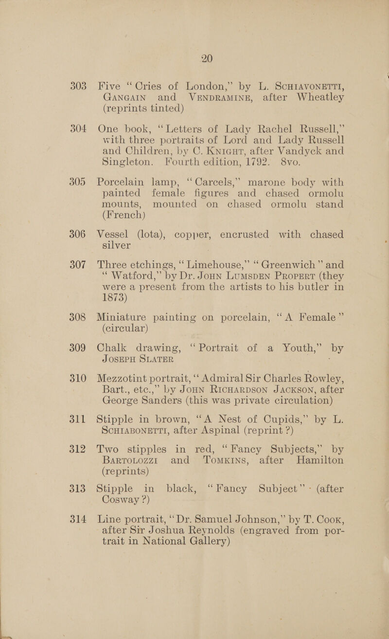 303 304 305 306 307 308 309 310 dll 312 313 314 20 Five “Cries of London,” by L. ScH1avonertt, GANGAIN and VENDRAMINE, after Wheatley (reprints tinted) One book, “ Letters of Lady Rachel Russell,” with three portraits of Lord and Lady Russell and Children, by C. Knicut, after Vandyck and Singleton. Fourth edition, 1792. 8vo. Porcelain lamp, ‘“ Carcels,’ marone body with painted female figures and chased ormolu mounts, mounted on chased ormolu stand (French) Vessel (lota), copper, encrusted with chased silver Three etchings, ‘ Limehouse,” “ Greenwich” and “Watford,” by Dr. Joun LumMspEN Propsrt (they were a present from the artists to his butler in 1873) Miniature painting on porcelain, “A Female” (circular) : Chalk drawing,“ Portrait of a \Youth,~&lt;by JOSEPH SLATER Mezzotint portrait, ‘‘ Admiral Sir Charles Rowley, Bart., etc.,” by JoHN RICHARDSON JACKSON, after George Sanders (this was private circulation) Stipple in brown, “A Nest of Cupids,” by L. SCHIABONETTI, after Aspinal (reprint ?) Two stipples in red, “Fancy Subjects,” by BartToLtozzi and ‘TomKINs, after Hamilton (reprints) Stipple in black, “Fancy Subjeet”’- (after Cosway ?) Line portrait, “Dr. Samuel Johnson,” by T. Cook, after Sir Joshua Reynolds (engraved from por- trait in National Gallery)