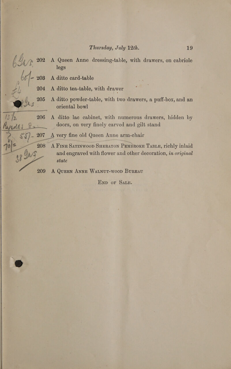  A, Adds Ss 4 So “908 Os /S ¥3- ; 909 A Queen Anne dressing-table, with drawers, on cabriole A ditto card-table A ditto tea-table, with drawer A ditto powder-table, with two drawers, a puff-box, and an oriental bowl A ditto lac eabinet, with numerous drawers, hidden by doors, on very finely carved and gilt stand A Fink Satinwoop SHERATON Heer TaBLeE, richly inlaid and engraved with flower and other decoration, in. original state A QurEN ANNE WALNUT-Woop BuREAU END oF SALE.