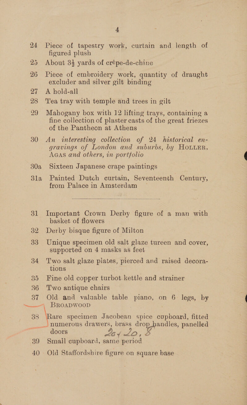 24 26 27 28 29 30 30a 3la ol 32 33 4 Piece of tapestry work, curtain and length of figured plush About 34 yards of crépe-de-chine Piece of embroidery work, quantity of draught excluder and silver gilt binding A hold-all ‘ea tray with temple and trees in gilt Mahogany box with 12 lifting trays, containing a fine collection of plaster casts of the great friezes of the Pantheon at Athens An wnteresting collection of 24 historical en- gravings of London and suburbs, by HouuEr, AGAS and others, in portfolio Sixteen Japanese crape paintings Painted Dutch curtain, Seventeenth Century, from Palace in Amsterdam  Important Crown Derby figure of a man with basket of flowers Derby bisque figure of Milton Unique specimen old salt glaze tureen and cover, supported on 4 masks as feet Two salt glaze plates, pierced and raised decora- tions Fine old copper turbot kettle and strainer Two antique chairs Old and valuable table piano, on 6 legs, by (Rare specimen Jacobean spice cupboard, fitted numerous aoe brass ee andles, panelled Small cupboard, same deperiod Old Staffordshire figure on square base