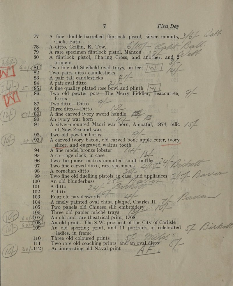   re ; a rire A fine double-barrelled flintlock pistol, silver. mounts, Ap (i it Cook, Bath Pf . | gh 78 A ditto, Griffin, K. Tow. OMG /— Scot 73 A rare specimen flintlock pistol, Manton 9». f 80 A flintlock pistol, Charing Cross, and other, and f ; ae primers rea Ds ae as (8D) Two fine old Sheffield oval trays, on wien ) va) [ i) eee WN oN 2 Two pairs ditto candlesticks aye ep he © td 83 A pair tall candlesticks a//~ | 84 A pair oval ditto Af fate eee) ran _ (85) A fine quality plated rose bowl and plinth /~w_/ ey ey CCS Two old pewter pots—The Merry Fiddler;Beacontree, &amp;/— ) } My _ Essex a is 87 Two ditto—Ditto . Le 88 Three ditto—Ditto LI— ‘ se /-(89) A fine carved ivory sword handle P= a — 290) An ivory war horn SO p- ee 91 A silver-mounted Maori war horn, Amoaful, 1874, relic | Sf of New Zealand war 7 f 92. © Two old powder horns oH it » (93) A carved ivory baton, old carved bone Bi: corer, ee — oo ae slicer, and engraved walrus tooth . ma 94 A fine model bronze lobster hoff» ,, f 95 A carriage clock, in case jf &amp;/ f 96 Two turquoise matrix-mounted snuff bottles wv UY N/A yo 97 Two fine carved ditto, rare Peg a Gf I ah the 98 A cornelian ditto : oe TGP GR 99 Two fine old duelling pistols, in case, and appliances Z Af fom 1 foc ae” 100 An old blunderbuss Pe oa ~ AP eee 7, 101 A ditto Zest De Don 102 A ditto (i ee ll. - 103. Four old naval swords Lf/- OL ALLO 104 A finely painted oval china plaque, ae IT. VE: er? Two panels old Chinese silk embroidery . fy /— a Three old papier maché trays 24 Pa An old and rare theatrical print, 1768 An old print—The S.W. prospect of the City of Carlisle 7 4 An old sporting print, and 11 portraits of celebrated J z£ ef ten tee  ladies, in frame Pe ag Males Pa. 110 Three old coloured prints Sin... f%e Hed poe 111 Two rare old coaching prints, and’ an “oval ditto 4 fe S¢/-112) | An interesting old Naval print Pie of, panne (1 