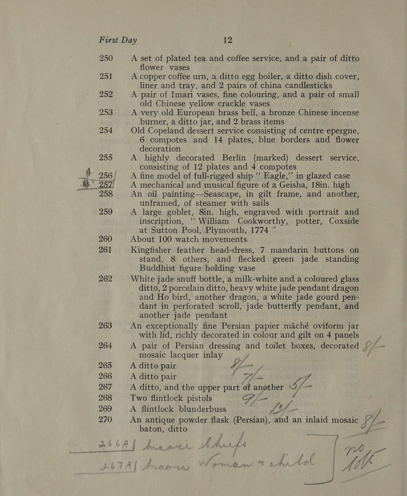 250 A set of plated tea and coffee service, and a pair of ditto flower vases A copper coffee urn, a ditto egg boiler, a ditto dish cover, liner and tray, and 2 pairs of china candlesticks A pair of Imari vases, fine colouring, and a pair of small old Chinese yellow crackle vases A very old European brass bell, a bronze Chinese incense burner, a ditto jar, and 2 brass items Old Copeland dessert service consisting of centre epergne, 6 compotes and 14 plates, blue borders and flower decoration A highly decorated Berlin (marked) dessert service, consisting of 12 plates and 4 compotes A fine model of full-rigged ship “ Eagle,” in glazed case A mechanical and musical figure of a Geisha, 18in. high An oil painting—Seascape, in gilt frame, and another, unframed, of steamer with sails A large goblet, Sin. high, engraved with portrait ann inscription, ‘‘ William Cookworthy, potter, Coxside at Sutton Pool, Plymouth, 1774 ”’ About 100 watch movements Kingfisher feather head-dress, 7 mandarin buttons on stand, 8 others, and flecked green jade standing Buddhist figure holding vase White jade snuff bottle, a milk-white and a coloured glass ditto, 2 porcelain ditto, heavy white jade pendant dragon and Ho bird, another dragon, a white jade gourd pen- dant in perforated scroll, jade butterfly pendant, and another jade pendant An exceptionally fine Persian papier m&amp;ché oviform jar with lid, richly decorated in colour and gilt on 4 ee A pair of Persian dressing and toilet boxes, decorated _ mosaic lacquer inlay A ditto pair thm A ditto pair f Ym A ditto, and the upper part ‘of another S/ — Two flintlock pistols SG /- ~ A flintlock blunderbuss Lt. 0 An antique powder flask (Persian), and an inlaid mosaic baton, ditto Pe | ’ } ao ale 7 ? 7 a y a iA f é A