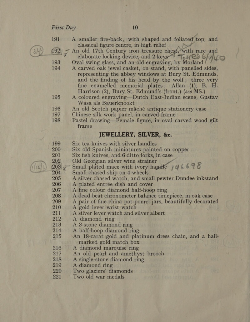 19] 193 194 195 196 197 198 199 200 201 202 204 205 206 207 208 209 210 211 212 213 214 215 216 217 218 219 220 221 A smaller fire-back, with shaped and carer ‘top, and elaborate locking device, and 2 key, “Tr wes 6 Ghuly = Oval swing glass, and an old engraving, by Morland / A carved oak jewel casket, on stand, with panelled sides, representing the abbey windows at Bury St. Edmunds, and the finding of his head by the wolf; three very fine enamelled memorial plates: Allan (1), B. H. Harrison (2), Bury St. Edmund’s (front.) (see MS.) A coloured engraving—Dutch East-Indian scene, Gustav Wasa als Bauerknookt An old Scotch papier maché antique stationery case Chinese silk work panel, in carved frame Pastel drawing—Female figure, in oval carved wood gilt frame JEWELLERY, SILVER, &amp;c. Six tea knives with silver handles Six old Spanish miniatures painted on copper Six fish knives, and 6 ditto forks, in case Old Georgian silver wine strainer a Rm Small plated mace with ivory hapdte } ¢ 6 676 Small chased ship on 4 wheels | A silver chased watch, and small pewter Dundee inkstand A plated entrée dish and cover A fine colour diamond half-hoop ring A dead beat chronometer balance timepiece, in oak case A pair of fine china pot-pourri jars, beautifully decorated A gold lever wrist watch A silver lever watch and silver albert A diamond ring A 3-stone diamond ring A half-hoop diamond ring An 18-carat gold and platinum dress chain, and a hall- marked gold match box A diamond marquise ring An old pearl and amethyst brooch A single-stone diamond ring A diamond ring Two glaziers’ diamonds Two old war medals
