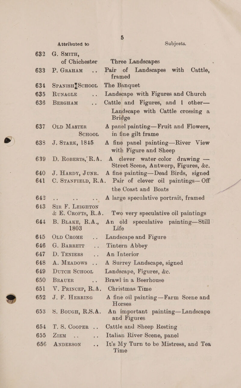 633 6354 635 636 637 638 639 640 641 642 643 644 645 646 647 648 649 650 651 652 653 654 655 656 Attributed to . Subjects. G, SMITH, of Chichester Three Landscapes : P.GraHaAM.._ Pair of Landscapes with Cattle, framed SPANISHEScHooL The Banquet RUNAGLE .. Landscape with Figures and Church BERGHAM .. Cattle and Figures, and 1! other— Landscape with Cattle crossing a Bridge Oxtp MASTER A panel painting— Fruit and Flowers, SCHOOL in fine gilt frame J. Starx, 1845 A fine panel painting—River View with Figure and Sheep D. Roperts, R.A. A clever water-color drawing — Street Scene, Antwerp, Figures, &amp;c. J. Harpy, June. A fine painting—Dead Birds, signed C. STanFIELD, R.A. Pair of clever oil paintings— Off the Coast and Boats 7 _ A large speculative portrait, framed Sir F. LeiguHton &amp; E, Crorts, R.A. Two very speculative oil paintings B. Brake, R.A., An old speculative painting—Still 1803 Life O~D Crome’ .. Landscape and Figure G. Barrett .. Tintern Abbey D. Tenters .. An Interior A. Mzapows .. A Surrey Landscape, signed DutcH ScHooL Landscape, Figures, &amp;e. BRAUER .. Brawl in a Beerhouse V. Princer, R.A. Christmas Time © J. F. HERRING A fine oil painting —Farm Scene and Horses S. Boveu, R.S.A. An important painting— Landscape : and Figures T. 8S. Cooper .. Cattle and Sheep Resting ZIEM .. Italian River Scene, panel ANDERSON .« Is My Turn to be Mistress, and Tea Time