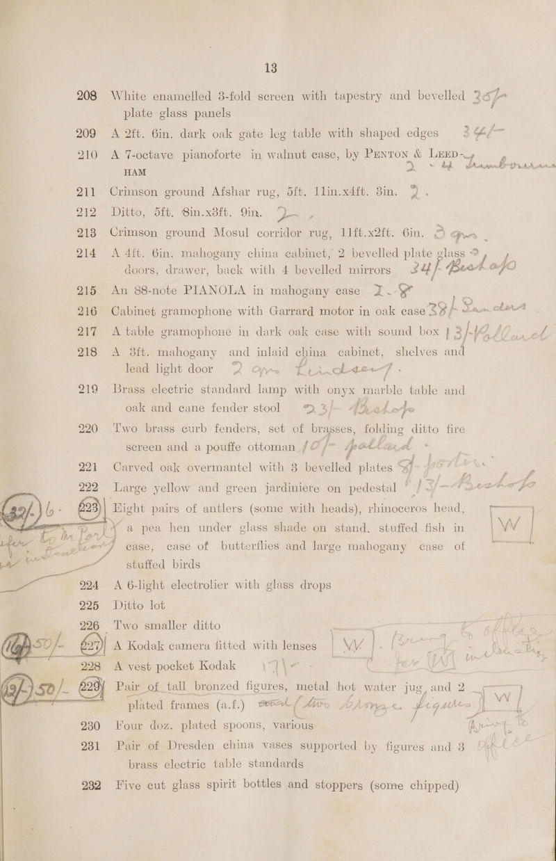 208 White enamelled 8-fold screen with tapestry and bevelled plate glass panels 209 A 2ft. 6in. dark oak gate leg table with shaped edges 34/- 210 A T-octave pianoforte in walnut case, by eS cae ye ee HAM - | 211 Crimson eround Afshar rug, d5ft. llin.x4ft. 3in. 912 Ditto, Sit. Sin. xdit. in. s= 213 Crimson ground Mosul corridor rug, 11ft.x2ft. 6in. © Pr H ; oo 214 A 4it. 6m. mahogany china cabinet, 2 bevelled plate glass ®, , i Ful, doors, drawer, back with 4 bevelled mirrors 34 Bex Op Oo 215 An 88-note PIANOLA in mahogany case 2 er % i  216 Cabinet gramophone with Garrard motor in oak case S¥/ hana 217 A table gramophone in dark oak case with sound box } ¥ MZ | 218 A 3ft. mahogany and inlaid china cabinet, shelves and lead hght door he Vy Tt. i.ol 42 —F 219 Brass electric standard lamp with onyx marble table and oak and cane fender stool - 3) : 4%, ade qe 220 Pwo brass curb fenders, set of brasses, folding ditto fire screen and a pouffe ottoman / &amp; fs ipot. ti ot Carved oak overmantel with 8 bevelled plates Spe ee aie ee Large yellow and green jardiniere on pedestal i | J —-Ta4etof Bight pairs of antlers (some with heads), rhinoceros head, ee /¥ a pea hen under glass shade on stand. stuffed fish in i VV pet case, case of butterflies and large mahogany case of f : stuffed birds A 6-light electrolier with glass drops Ditto lot Two smaller ditto A Kodak camera fitted with lenses | WV. . } +, A vest pocket Kodak “1\- figs | ; Pair of tall bronzed foweet metal hot water jug, and 2 ~——4> plated frames (a.f.) Cert ( Ae SOMA ae, 1G dt Ata SL yi l 230 Four doz. plated spoons, various as @y~ a 231 Pair of Dresden china vases supported by figures and 8 brass electric table standards 232 Five cut glass spirit bottles and stoppers (some chipped)