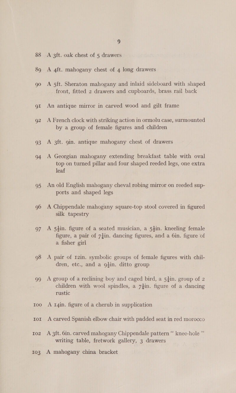 88 89 go gl g2 93 94 95 96 97 98 oe 100 Iol 102 103 9 A 3ft. oak chest of 5 drawers A 4ft. mahogany chest of 4 long drawers A 5ft. Sheraton mahogany and inlaid sideboard with shaped _ front, fitted 2 drawers and cupboards, brass rail back An antique mirror in carved wood and gilt frame A French clock with striking action in ormolu case, surmounted by a group of female figures and children A 3ft. gin. antique mahogany chest of drawers A Georgian mahogany extending breakfast table with oval top on turned pillar and four shaped reeded legs, one extra leaf An old English mahogany cheval robing mirror on reeded sup- ports and shaped legs A Chippendale mahogany square-top stool covered in figured silk tapestry A 54in. figure of a seated musician, a 54in. kneeling female figure, a pair of 7}in. dancing figures, and a 6in. figure of a fisher girl A pair of I2in. symbolic groups of female figures with chil- dren, etc., and a gin. ditto group A group of a reclining boy and caged bird, a 5}in. group of 2 children with. wool spindles, a 7}in. figure of a dancing rustic A 14in. figure of a cherub in supplication A carved Spanish elbow chair with padded seat in red morocco A 3ft. 6in. carved mahogany Chippendale pattern “ knee-hole ”’ writing table, fretwork gallery, 3 drawers A mahogany china bracket