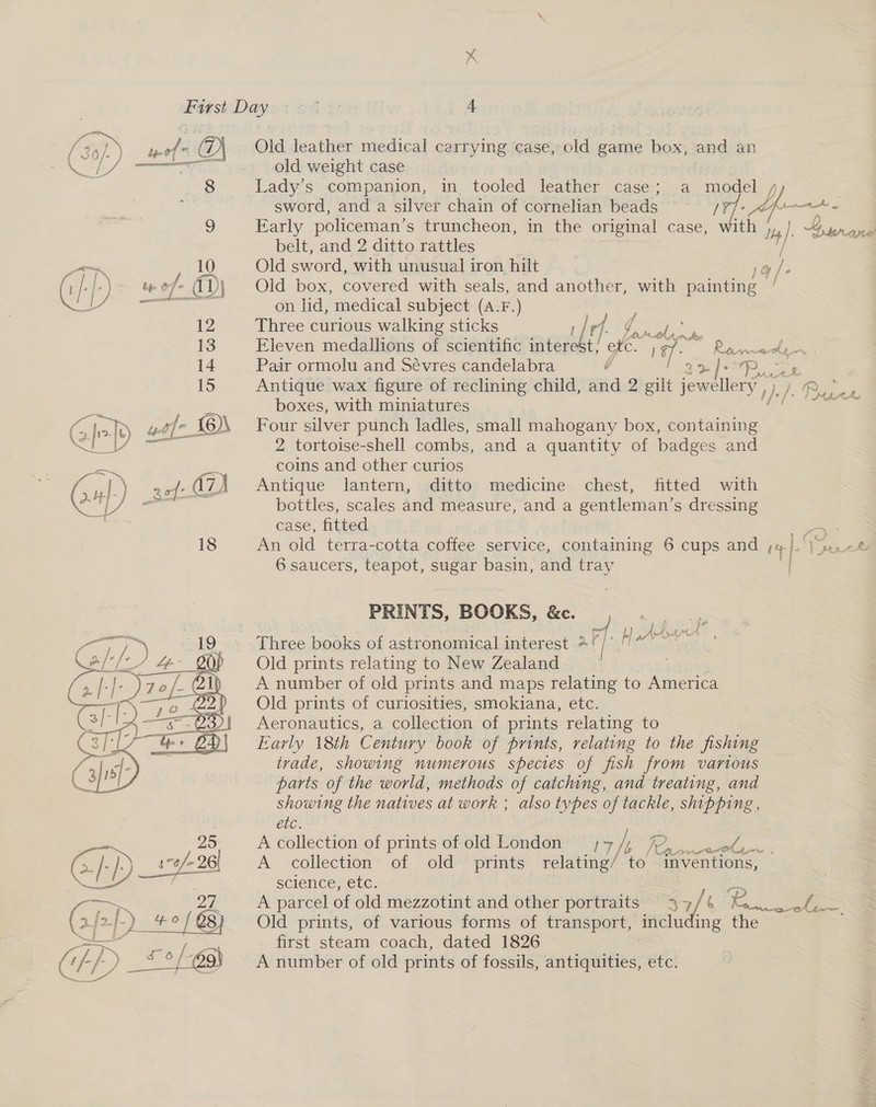  25 1-4/- 26| 27 4 of 68 x han Doges oa ys 7 4 wef of “DO Old leather medical carrying case, old game box, and an old weight case 8 Lady’ s companion, in tooled leather case; a Tae sword, and a silver chain of cornelian beads 13 \ aaah 9 Early policeman’ s truncheon, in the original case, oh V4 }. Hie oa belt, and 2 ditto rattles / 10 Old sword, with unusual iron hilt G | bye of- aj Old box, covered with seals, and another, with ee &lt; so ae on lid, medical subject (A.F.) ; 12 Three curious walking sticks |e. oe an 13 Eleven medallions of scientific ati t, fe. lap Race 14 Pair ormolu and Sévres candelabra é f gojer PR. on 15 Antique wax figure of reclining child, and 2 gilt jewellery, IR boxes, with miniatures ieee Four silver punch ladles, small mahogany box, containing 2 tortoise-shell combs, and a quantity of badges and coins and other curios Antique lantern, ditto medicine chest, fitted with bottles, scales and measure, and a gentleman’s dressing case, fitted An old terra-cotta coffee service, containing 6 cups and | 6 saucers, teapot, sugar basin, and tray F ie oe ye Pie 2, PRINTS, BOOKS, &amp;c. Three books of astronomical interest &gt; / Harn Old prints relating to New Zealand A number of old prints and maps relating to America Old prints of curiosities, smokiana, etc. Aeronautics, a collection of prints relating to Early 18th Century book of prints, relating to the fishing trade, showing numerous species of fish from various parts of the world, methods of catching, and treating, and showing the natives at work ; also types ee tackle, shipping, ELC, A collectioniof prints oe Londen! &gt; (p72) aa A collection of old prints relating: fea ‘inventions, science; etc. os | A parcel of old mezzotint and other portraits 3 uf a Les Old prints, of various forms of transport, including the first steam coach, dated 1826 A number of old prints of fossils, antiquities, etc.