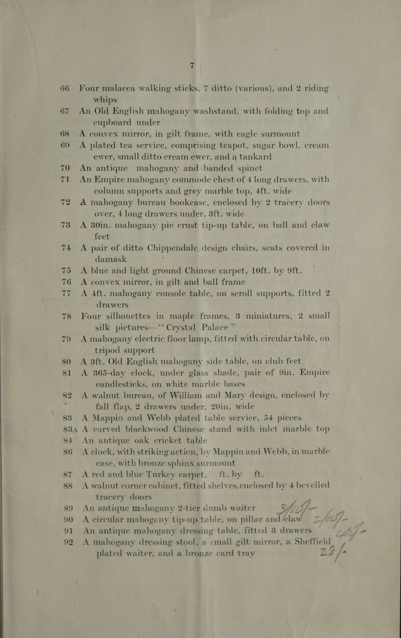 4 66 Four malacca walking sticks, 7 ditto (various), and 2 riding whips 67 An Old English mahogany washstand, with folding top and cupboard under 68 A convex mirror, in gilt frame, with eagle surmount 69 &lt;A plated tea service, comprising teapot, sugar bowl. cream ewer, small ditto cream ewer, and a tankard 70 An antique mahogany and banded spinet 71 An Empire mahogany commode chest of 4 long drawers. with column supports and grey marble top, 4ft. wide 72 A mahogany bureau bookcase, enclosed by 2 tracery doors over, 4 long drawers under, 3ft. wide 73 A 30in. mahogany pie crust tip-up table, on ball and claw feet 74 &lt;A pair of ditto Chippendale design chairs, seats covered in damask 5 A blue and light ground Chinese carpet, 10ft. by 9ft. 6 A convex mirror, in gilt and ball frame 7 &lt;A 4ft. mahogany console table, on scroll supports, fitted 2 drawers 78 Four silhouettes in maple frames, 3 miniatures, 2 small silk pictures—‘‘ Crystal Palace ’ 79 A mahogany electric floor lamp, fitted with circular table, on tripod support 80 A 38ft. Old English mahogany side table, on club feet 81 A 365-day clock, under glass shade, pair of 9in. Empire candlesticks, on white marble bases 82 A walnut bureau, of William and Mary design, enclosed by ; fall flap, 2 drawers under, 20in. wide 83 A Mappin and Webb plated table service, 54 pieces 834 A carved blackwood Chinese stand with inlet marble top 84 An antique oak cricket table 86 A clock, with striking action, by Mappin and Webb, in marble case, with bronze sphinx surmount 87 &lt;A red and blue Turkey carpet, ft. by ft. 88 A walnut corner cabinet, fitted shelves,enclosed by 4 bevelled tracery doors f 89 An antique mahogany 2-tier dumb waiter YA, tf- Le 90 A circular mahogany tip-up table, on pillar andélaw 2,40 91 An antique mahogany dressing table, fitted 3 drawers v, 92 A mahogany dressing stool, a small gilt mirror, a Sheffield | / 4 plated waiter, and a bronze card tray Zs /-  