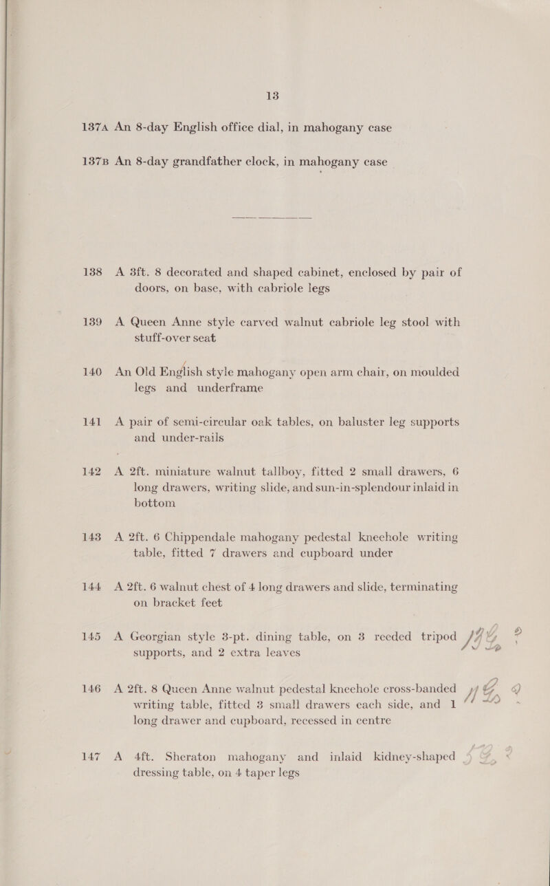 1374 An 8-day English office dial, in mahogany case 1378 An 8-day grandfather clock, in mahogany case 138 &lt;A 3ft. 8 decorated and shaped cabinet, enclosed by pair of doors, on base, with cabriole legs 139 A Queen Anne style carved walnut cabriole leg stool with stuff-over seat 140 An Old English style mahogany open arm chair, on moulded legs and underframe 141 ~A pair of semi-circular oak tables, on baluster leg supports and under-rails 142 A 2ft. miniature walnut tallboy, fitted 2 small drawers, 6 long drawers, writing slide, and sun-in-splendour inlaid in bottom 143 A 2ft. 6 Chippendale mahogany pedestal kneehole writing table, fitted 7 drawers and cupboard under 144 A 2ft. 6 walnut chest of 4 long drawers and slide, terminating on bracket feet 145 A Georgian style 3-pt. dining table, on 3 reeded tripod /4 Y ? supports, and 2 extra leaves aie 146 A 2ft. 8 Queen Anne walnut pedestal kneehole cross-banded »/ Zp ) writing table, fitted 3 small drawers each side, and 1°‘ ~~ &gt; long drawer and cupboard, recessed in centre 147 A Aft. Sheraton mahogany and inlaid kidney-shaped dressing table, on 4 taper legs